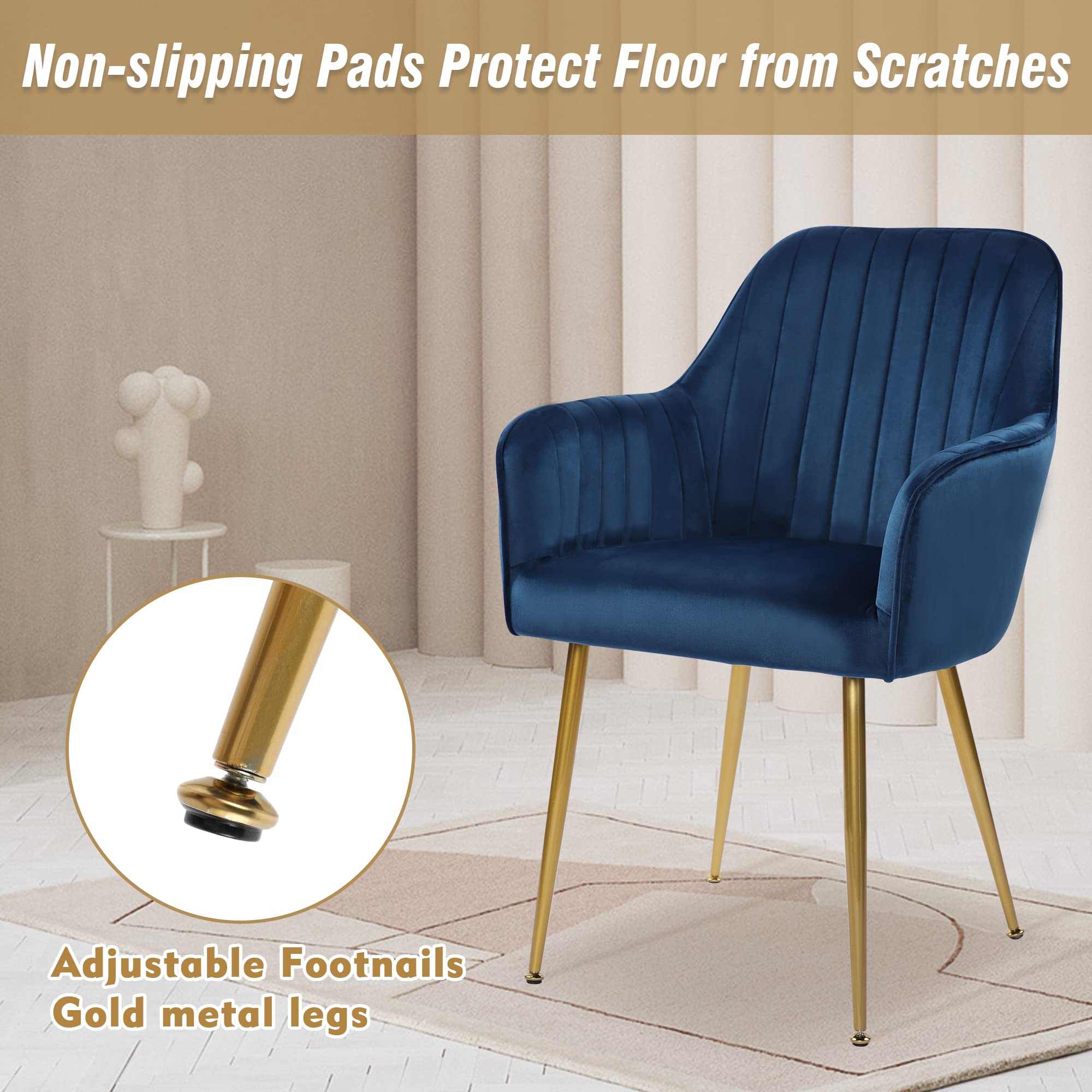 Luxury Velvet Dining Chairs Set of 4 - Modern Upholstered Accent Chairs with Gold Metal Legs for Living Room, Bedroom & Office - Soft Blue Fabric Seating for Home Decor & Entertaining