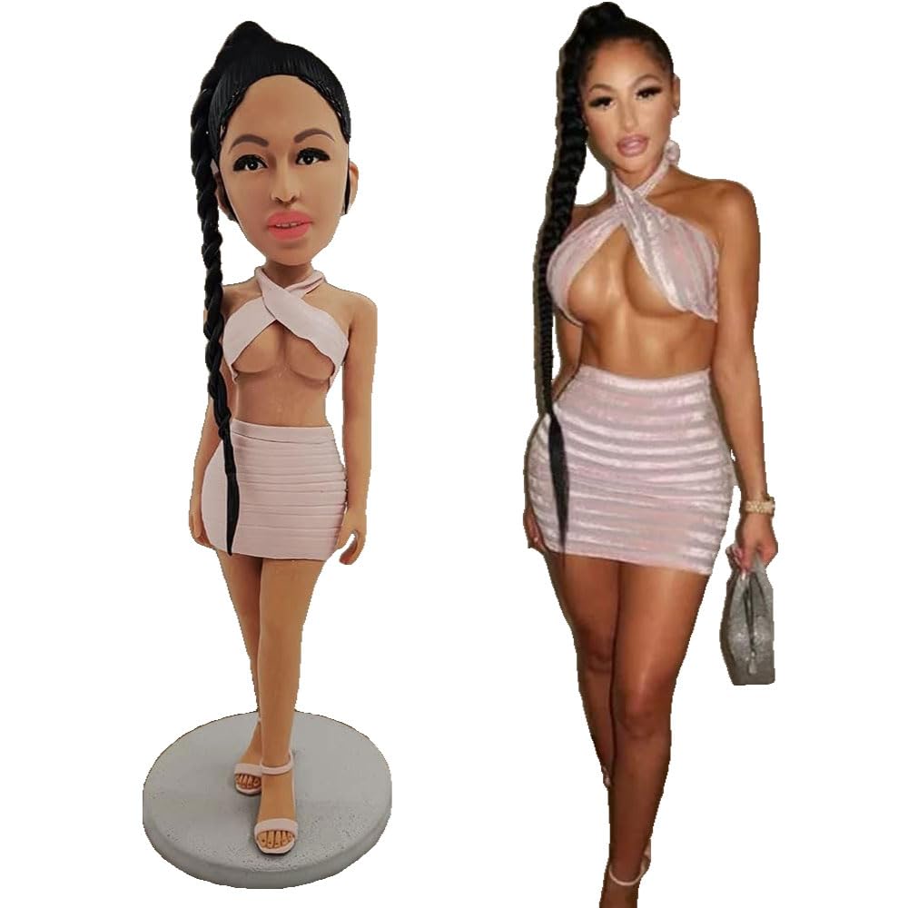 Custom Realistic Female Bobblehead Figurine - Personalized Long Braided Hair Doll in Pink Bikini Top & Skirt - Unique Birthday Gift for Wife, Girlfriend or Best Friend - Perfect for Anniversaries, Office Decor & Surprise Parties