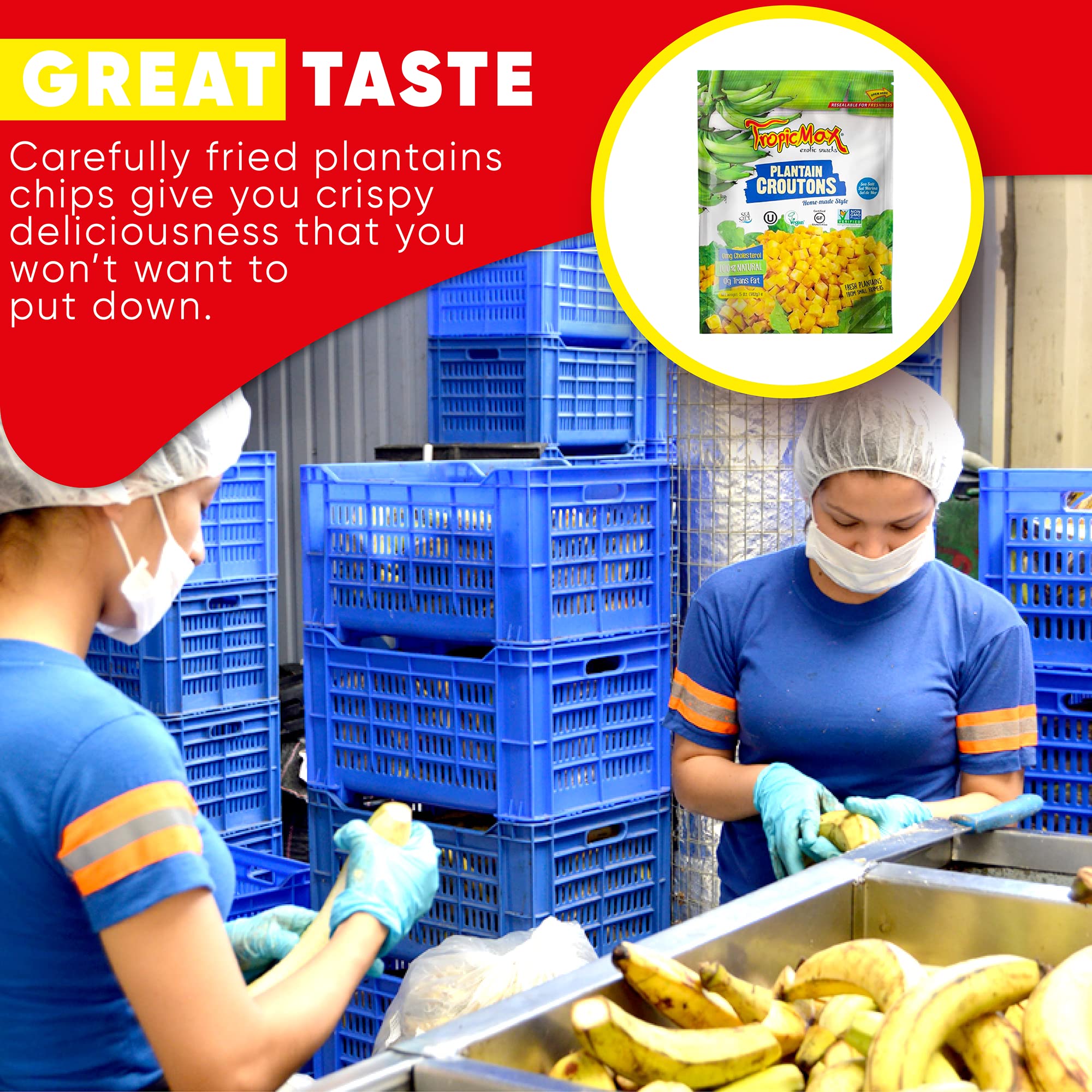 TropicMax Organic Sea Salt Plantain Croutons Chips - Gluten-Free, Vegan, Non-GMO, Kosher Certified Healthy Snacks - Kettle Cooked Green Plantain Chips in Individual Bags (3 Packs) - Perfect for Lunchboxes, Office Snacks, and Keto Diet