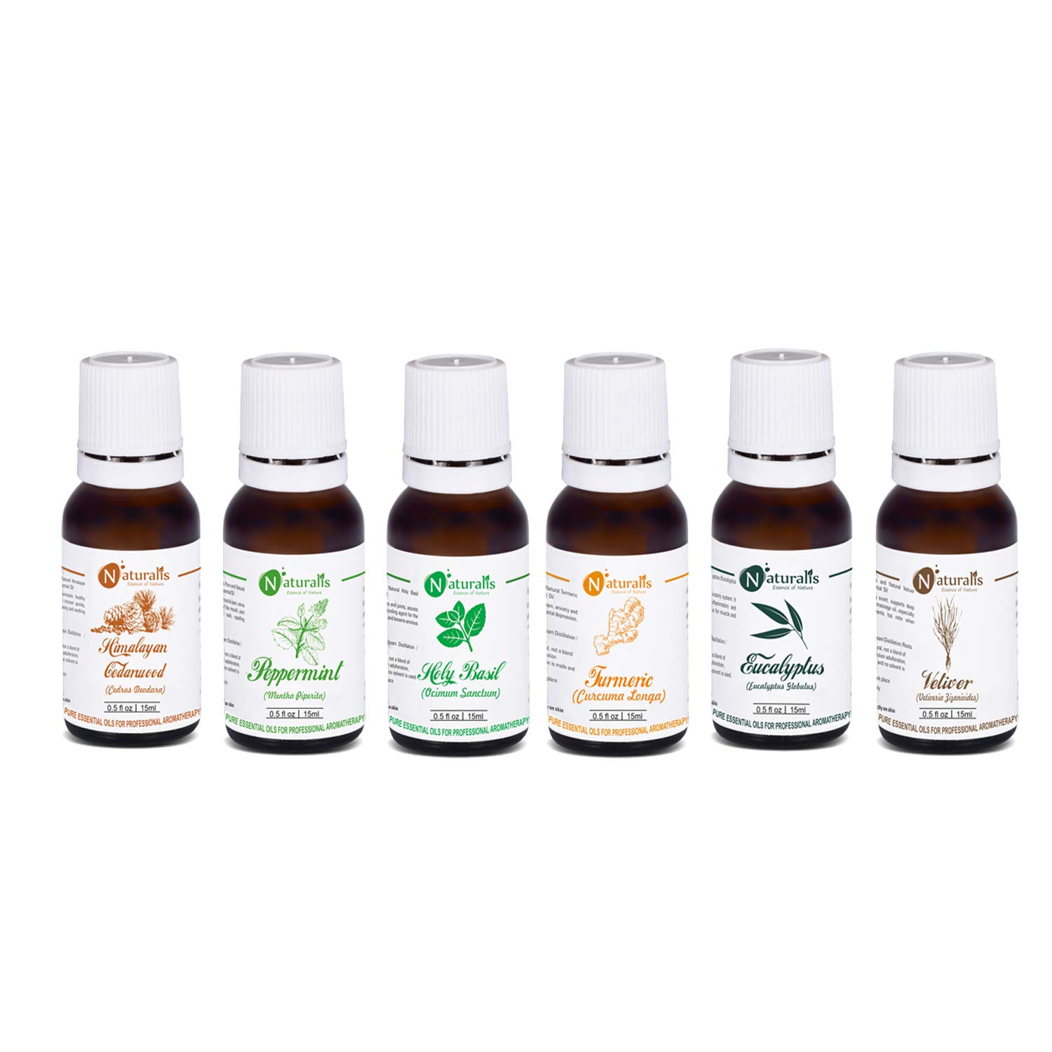 Naturalis 15ml Essential Oil Gift Set - 6 Therapeutic Grade Oils (Cedarwood, Peppermint, Holy Basil, Turmeric, Eucalyptus, Vetiver) for Aromatherapy, Relaxation & Wellness - Perfect for Diffusers, Massage & Home Spa