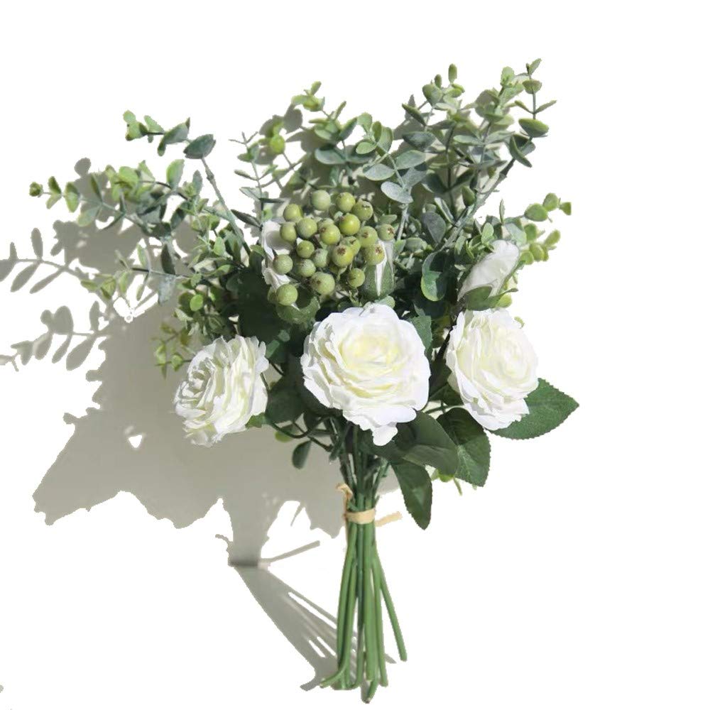 Silk Roses & Eucalyptus Bouquet - Large White Artificial Flowers for Wedding Centerpieces & Home Decor
