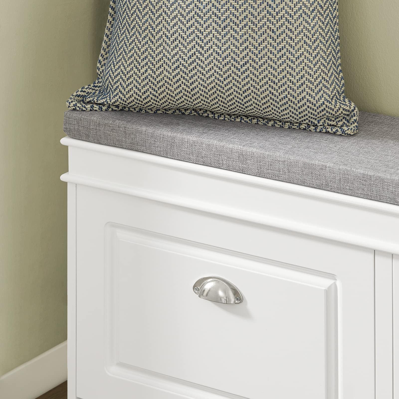 Modern White Shoe Storage Bench with 2 Flip Drawers & Cushion - Entryway Shoe Cabinet Organizer for Hallway, Living Room & Bedroom - FSR64-W