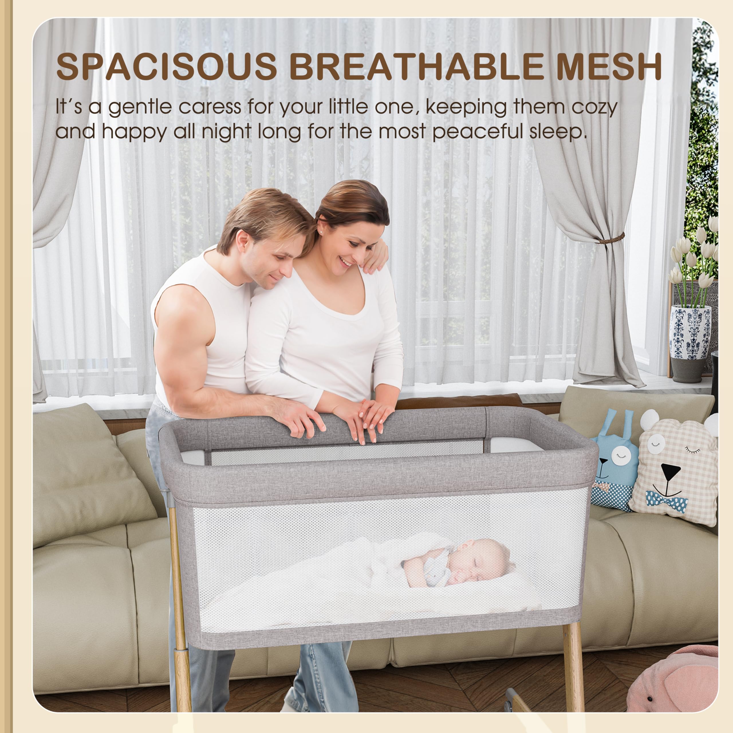 AMKE Baby Bassinets - Breathable Mesh Bedside Sleeper for Newborns & Infants | Portable, Adjustable Crib for Safe Co-Sleeping | Nursery & Bedroom Essential (Wood Grain Gray) | Perfect for Nighttime Feeding & Soothing Baby