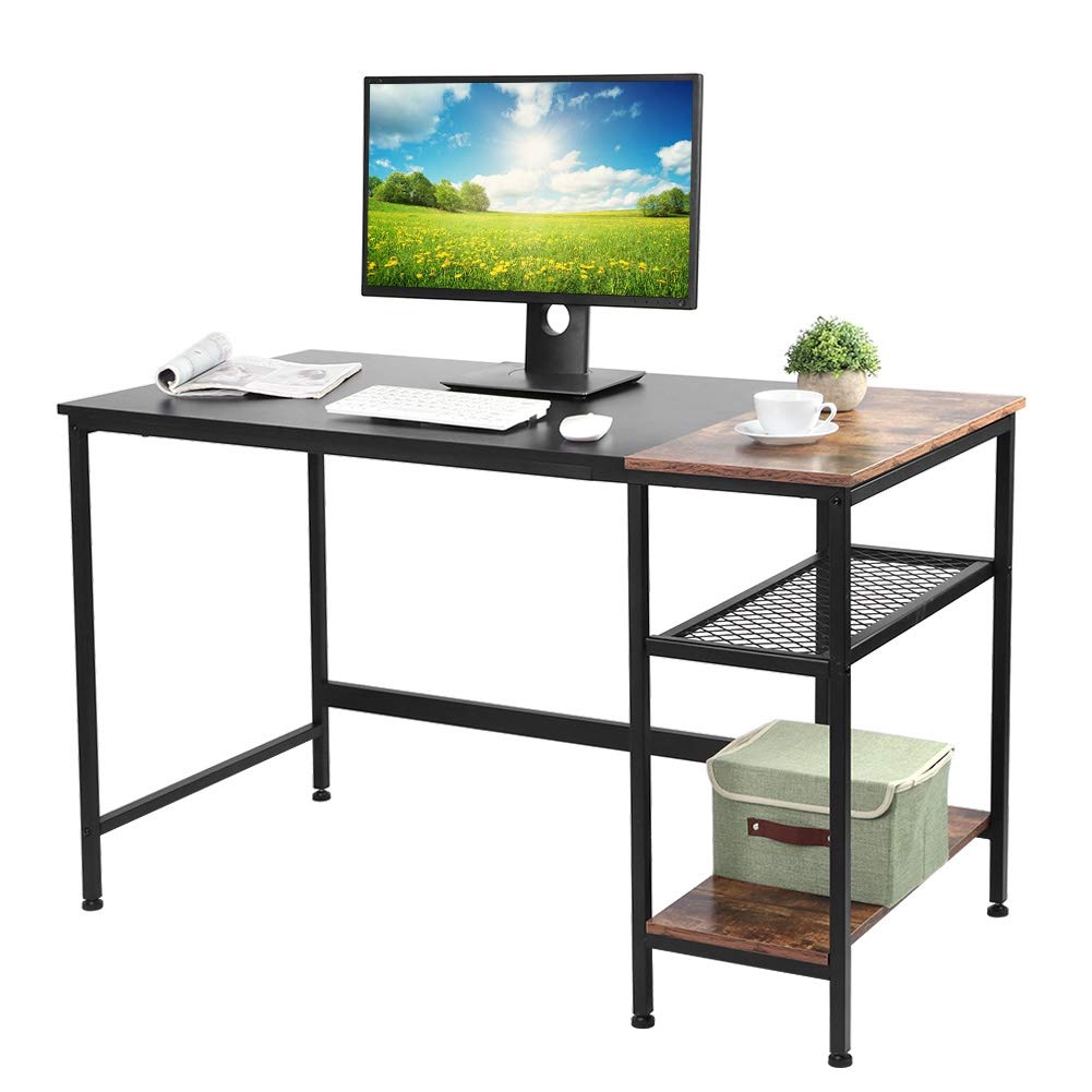 AYNEFY 47 Inch Black Oak Computer Desk with 2-Tier Grid Shelf - Sturdy Writing Desk for Home Office, Study & Workspace | Perfect for Laptops, Gaming & Remote Work