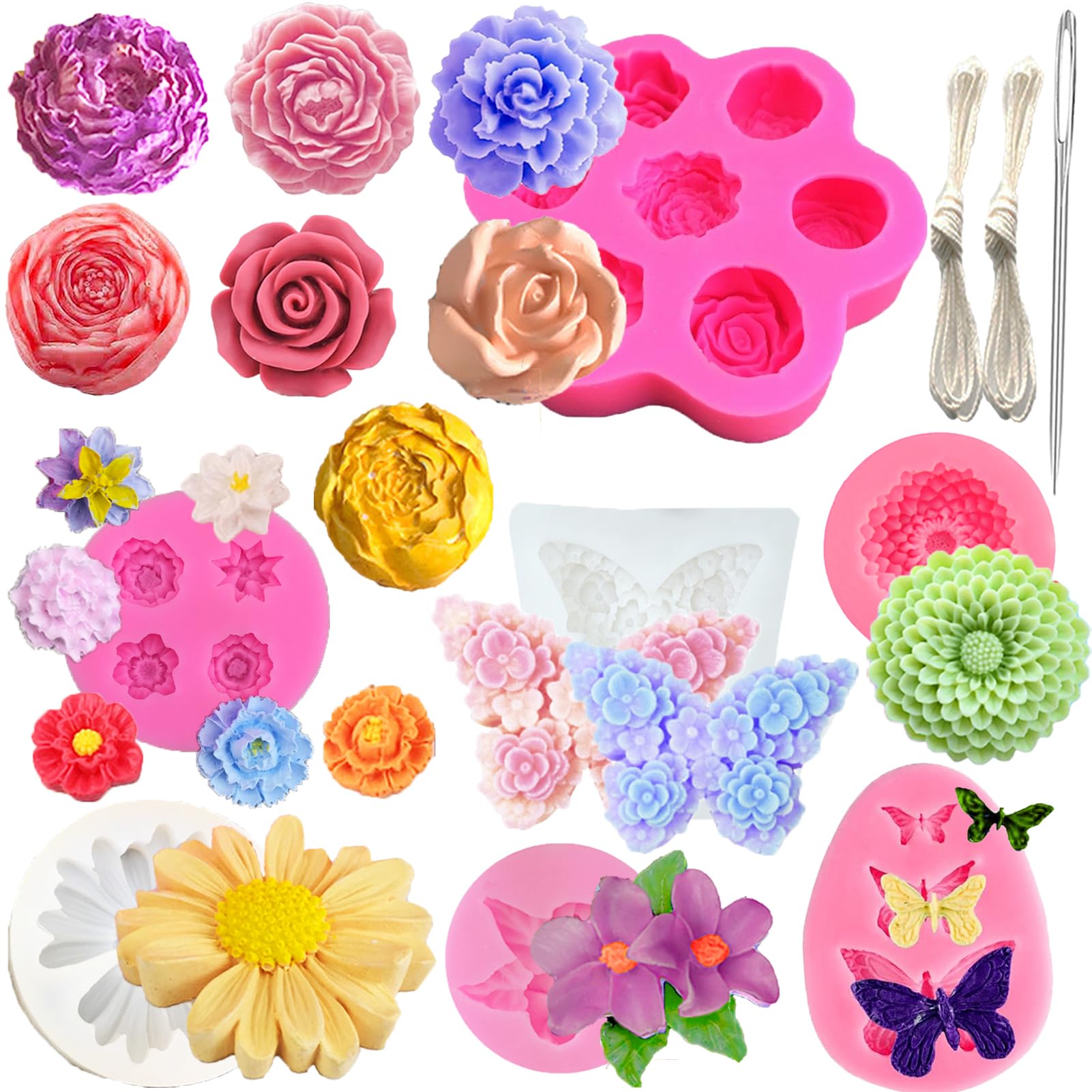 10PCS 3D Flower Butterfly Silicone Molds Set for Cake Decorating - Peony, Rose, Sunflower Design - 7 Cavity Fondant Chocolate Candy & Resin Casting Molds - DIY Baking, Wedding, Birthday Party Decoration Gift