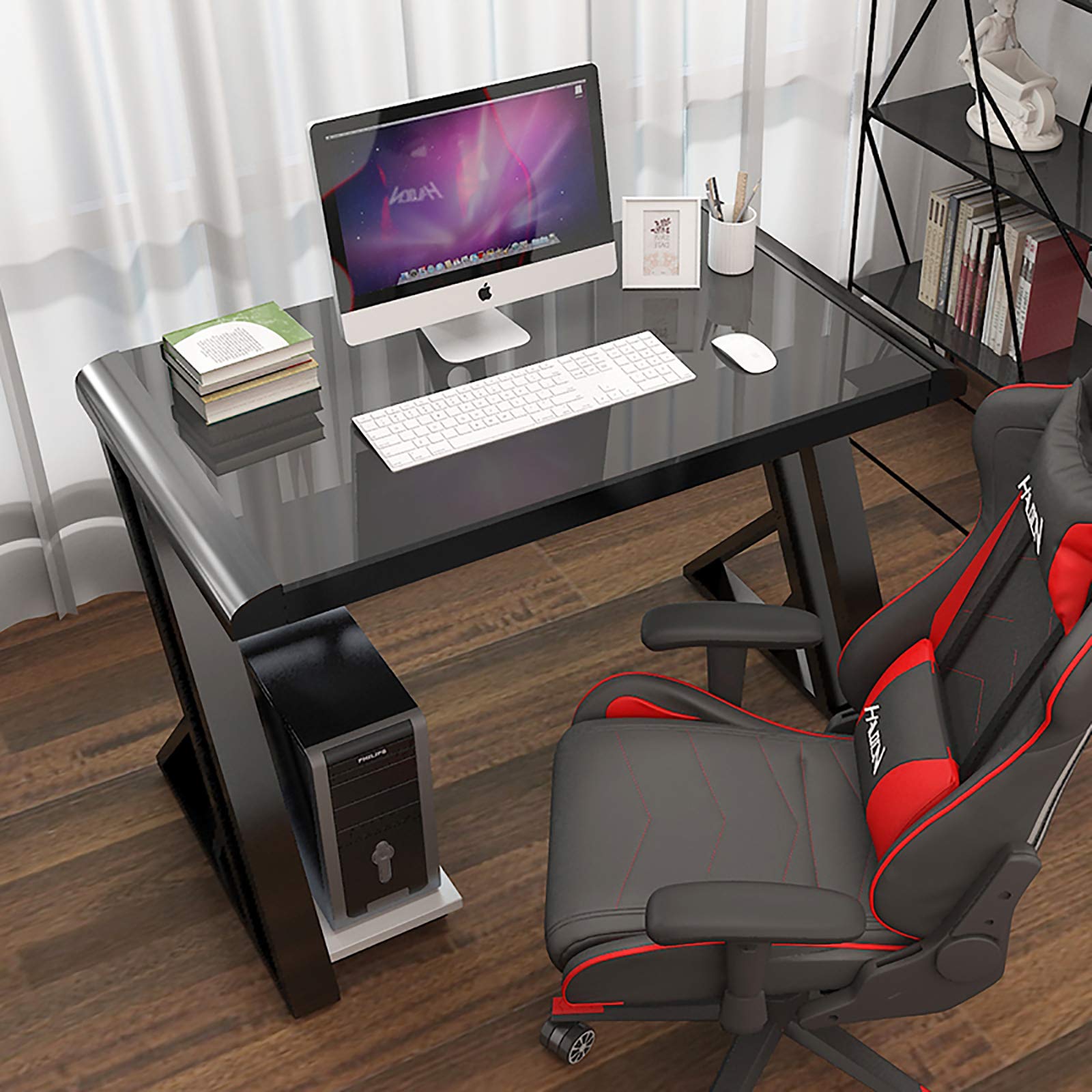 Ergonomic Z-Shaped Gaming Desk with Glass Top & Metal Frame - Racing Style Computer Desk for Esports, Home Office & Workstation | Perfect for Gaming, Streaming & Remote Work