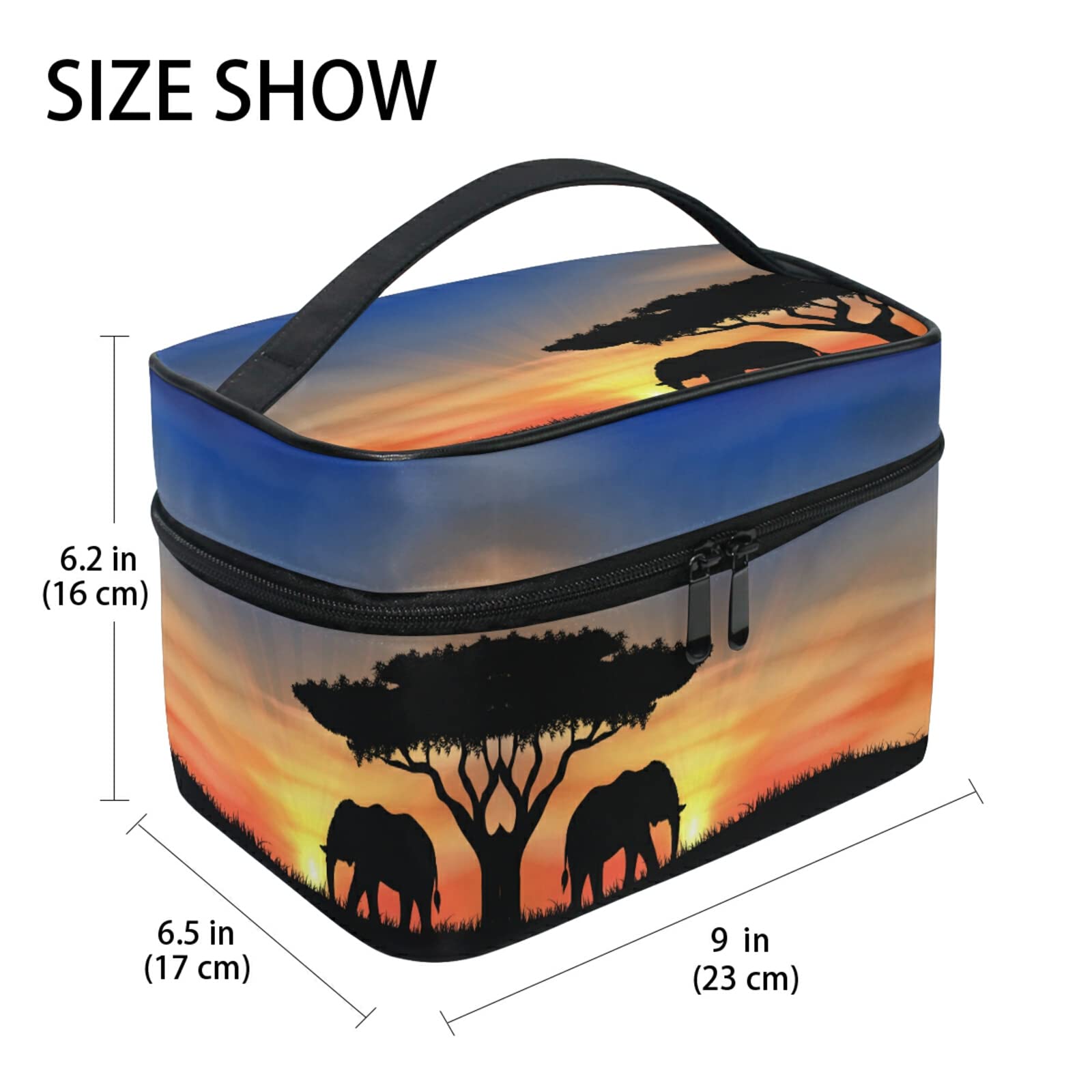 Elephant Print Sunset Tree Cosmetic Bag - Waterproof Zippered Makeup Pouch & Toiletry Organizer for Women & Girls | Perfect for Travel, Gym, and Daily Essentials Storage