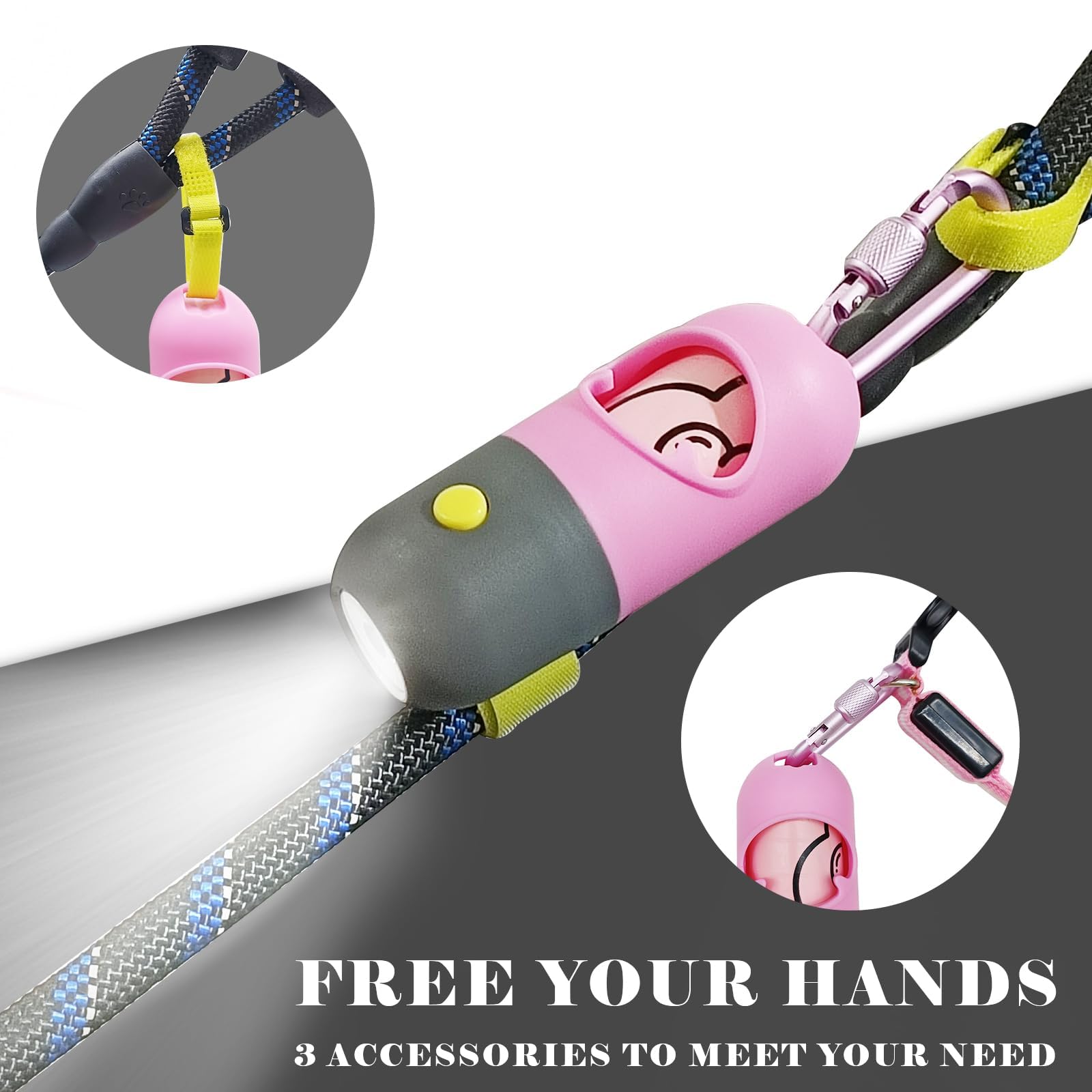 LED Dog Poop Bag Holder with Flashlight - Portable Leash Dispenser for Pet Waste Bags | Includes 2 Pack Pink Waste Bag Carriers with Clip & LR44 Batteries | Perfect for Night Walks, Park Visits & Outdoor Adventures