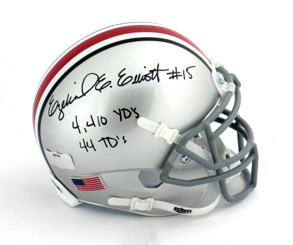 Ezekiel Elliott Signed Ohio State Buckeyes Schutt Mini Helmet - Authentic Collectible with 4410 Yards & 44 TDs Inscription - Perfect for Sports Memorabilia Display & Fan Gifts