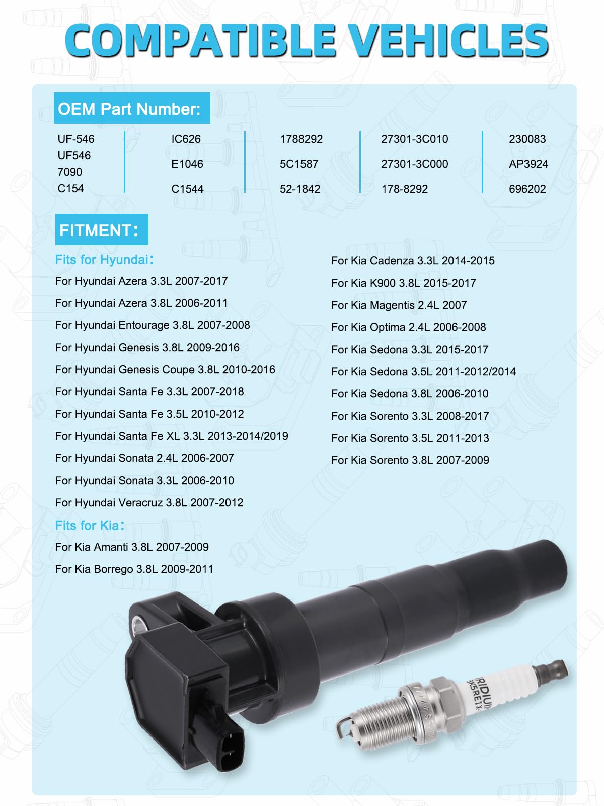 6-Pack UF546 Ignition Coil Pack with Iridium Spark Plugs for Hyundai Azera, Genesis, Santa Fe, Sonata & Kia Optima, Sorento (3.3L 3.8L) - Improve Engine Performance & Fuel Efficiency
