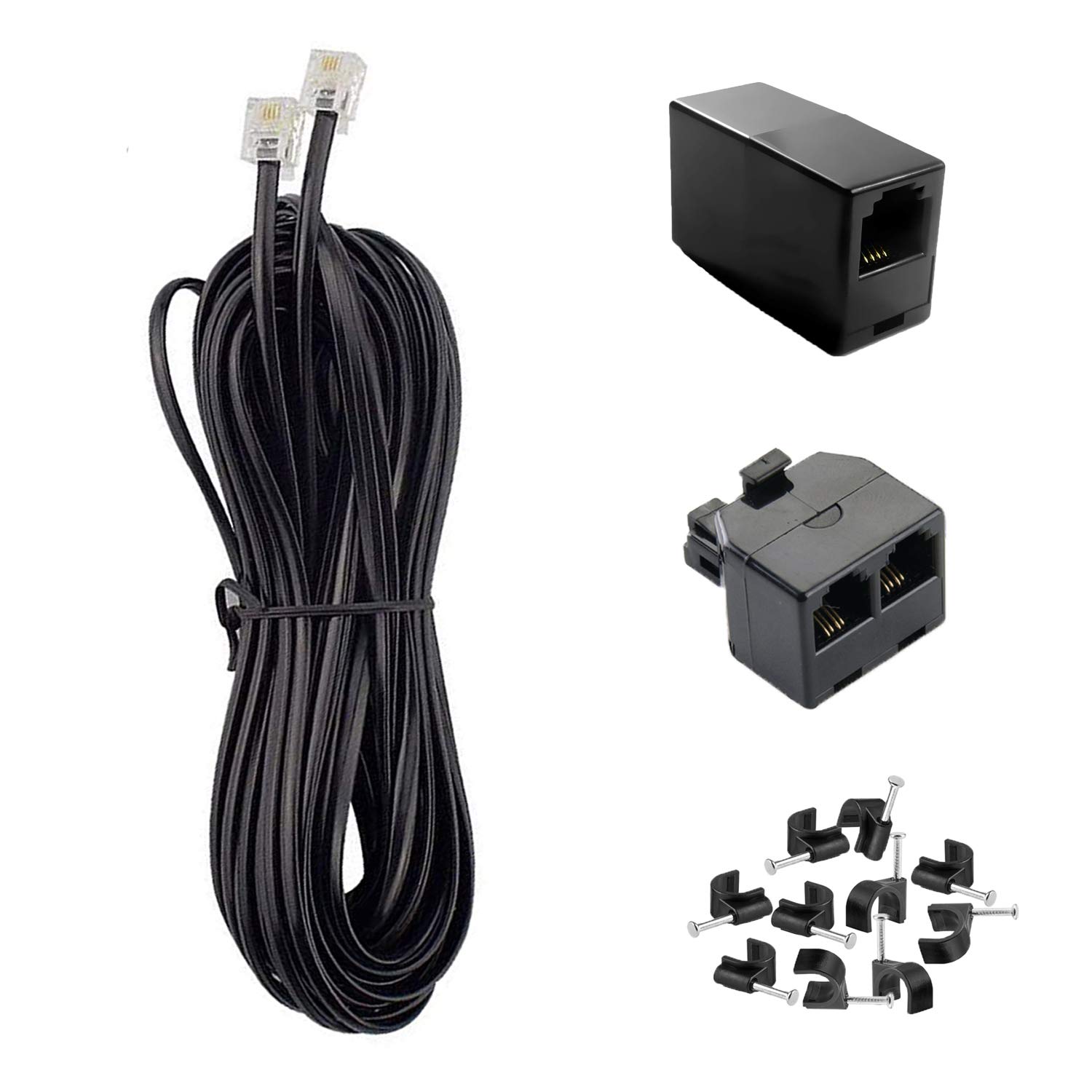 50FT KINXIYU Phone Cord with RJ11 Plug - Landline Telephone Cable Includes RJ11 Splitter & 20 Cable Clips (Black) - Perfect for Home Office, Business, and Telecom Installations