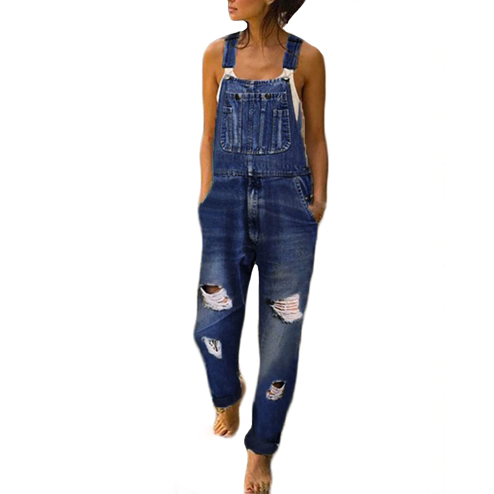 AAZJSS Women's Distressed Denim Overalls - Baggy Loose Fit Capri Jumpsuit with Adjustable Straps & Holes | Casual Outfit for Streetwear, Music Festivals & Everyday Wear