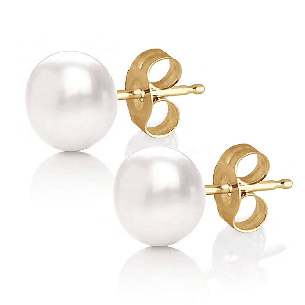 MABELLA Freshwater Cultured Pearl Stud Earrings for Women - 14K Yellow Gold Plated Sterling Silver, Minimalist Button Design | Perfect for Weddings, Office Wear & Everyday Elegance