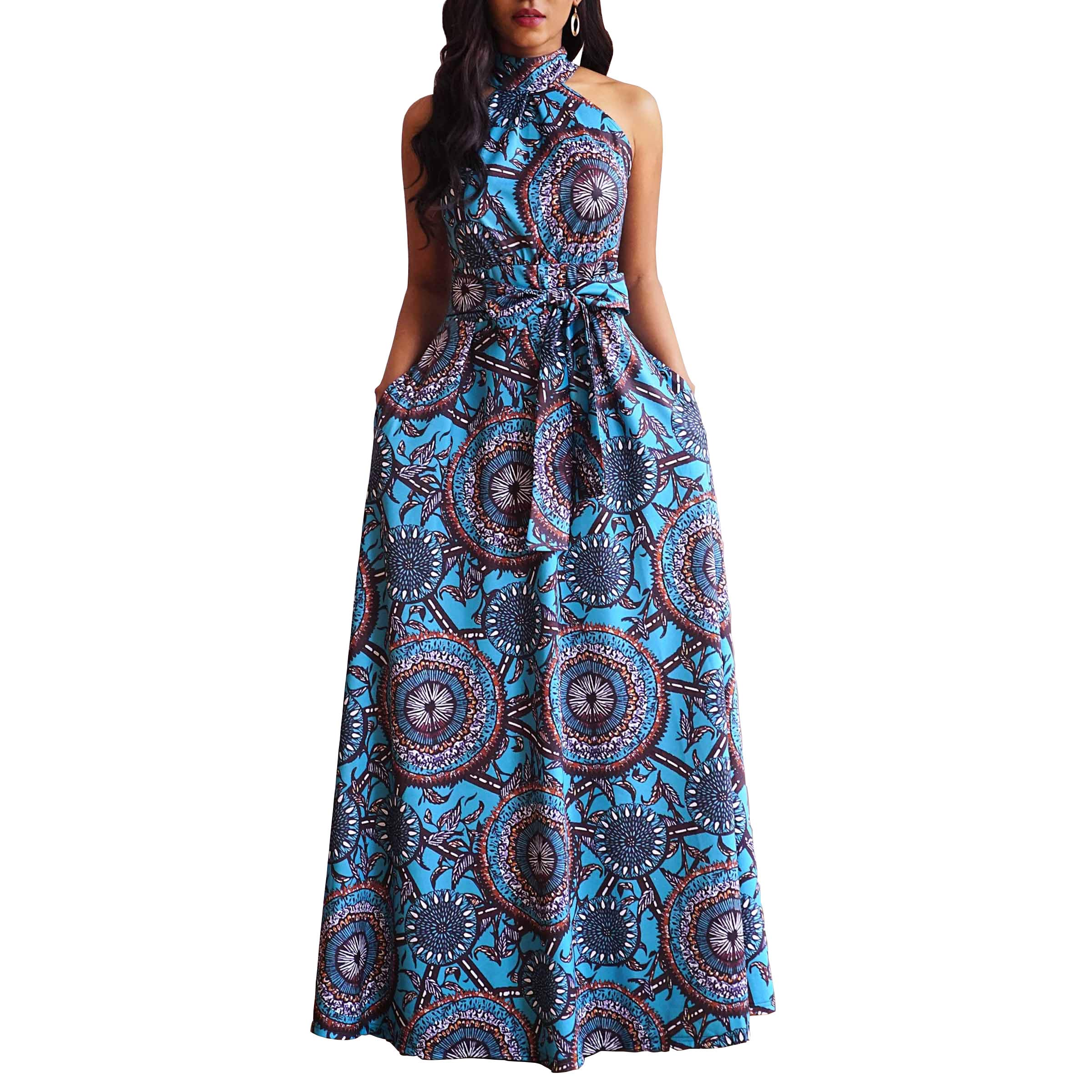 VERWIN Women's Elegant Floor Length Lace-Up High Waist Maxi Dress with Stand Collar - Sleeveless Floral Print Brown Dress for Wedding, Party & Special Occasions