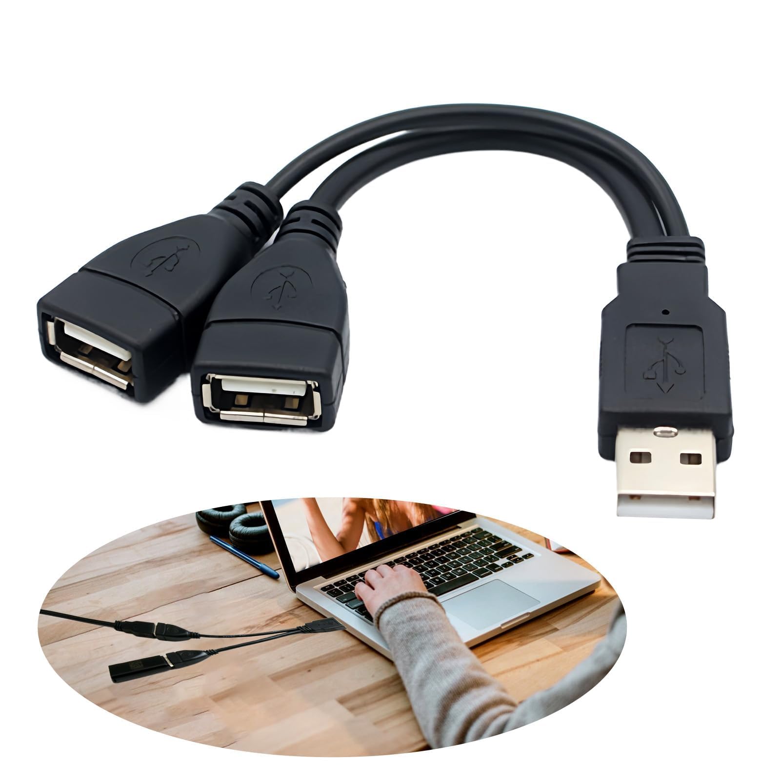Dual USB Female to USB Male Extension Cable - 2-Port Y Splitter for Charging & Data Sync - Compatible with Laptop, Tablet, Smartphone - Mobile Device Power Adapter (Black, 15cm) - Perfect for Office, Travel & Multi-Device Charging