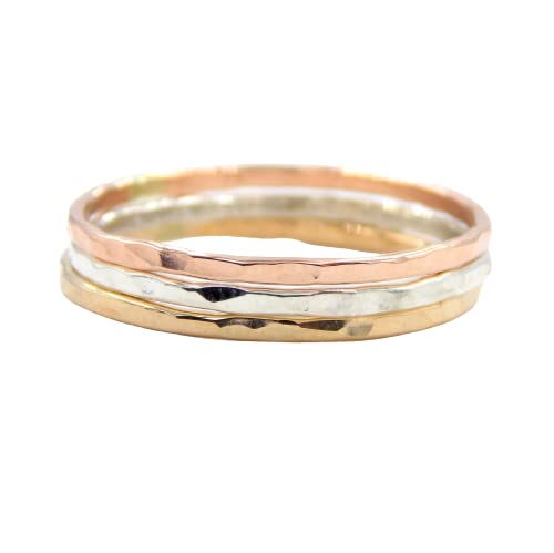 14K Gold-Filled Reflection Stacking Rings Set - Hammered, Dainty, Simple Gold & Silver Skinny Textured Rings for Women | Perfect for Layering, Everyday Wear & Special Occasions