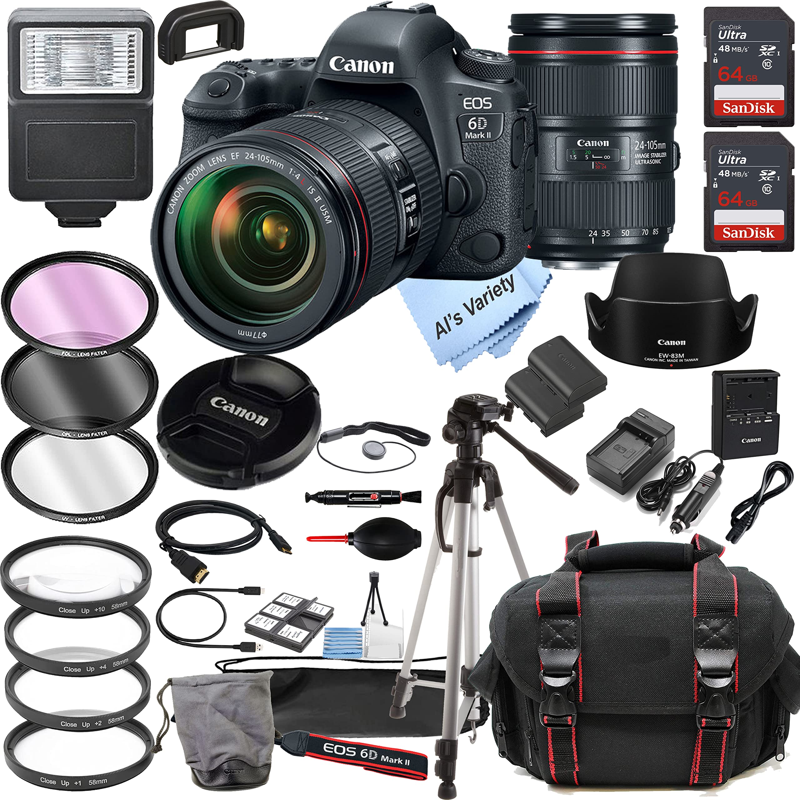 Canon EOS 6D Mark II DSLR Camera with EF 24-105mm f/4L IS II USM Lens Kit - 128GB Memory Card, Camera Case, Tripod & 34pc Filter Bundle (Renewed) - Perfect for Professional Photography, Travel & Vlogging