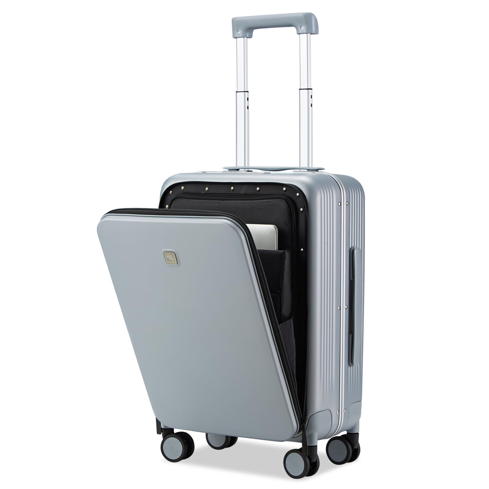 Hanke Grace 20 Inch Hard Shell Carry On Luggage with Wheels - Airline Approved Aluminum Frame Suitcase with Front Pocket for Business Travel & Short Trips (Grey) | Perfect for Business Professionals & Weekend Getaways