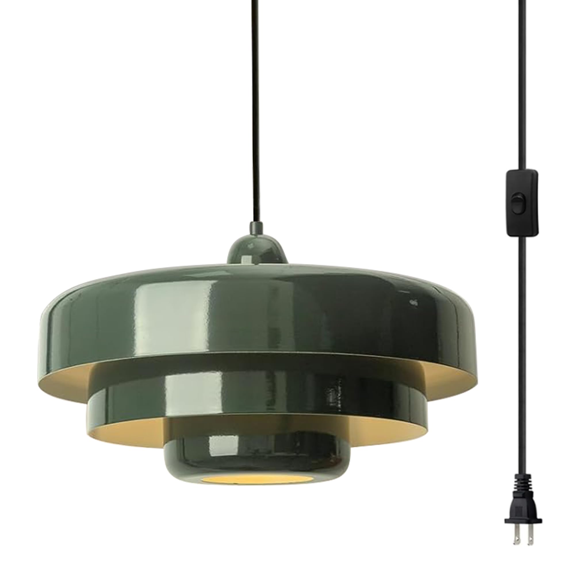 Vintage Green Plug-in Pendant Light Fixture - 16FT Hanging Lamp with 3-Layer Shade, Mid Century Modern Design for Bedroom, Dining Room & Living Room | Perfect for Home Decor, Apartment Lighting and Cozy Ambience