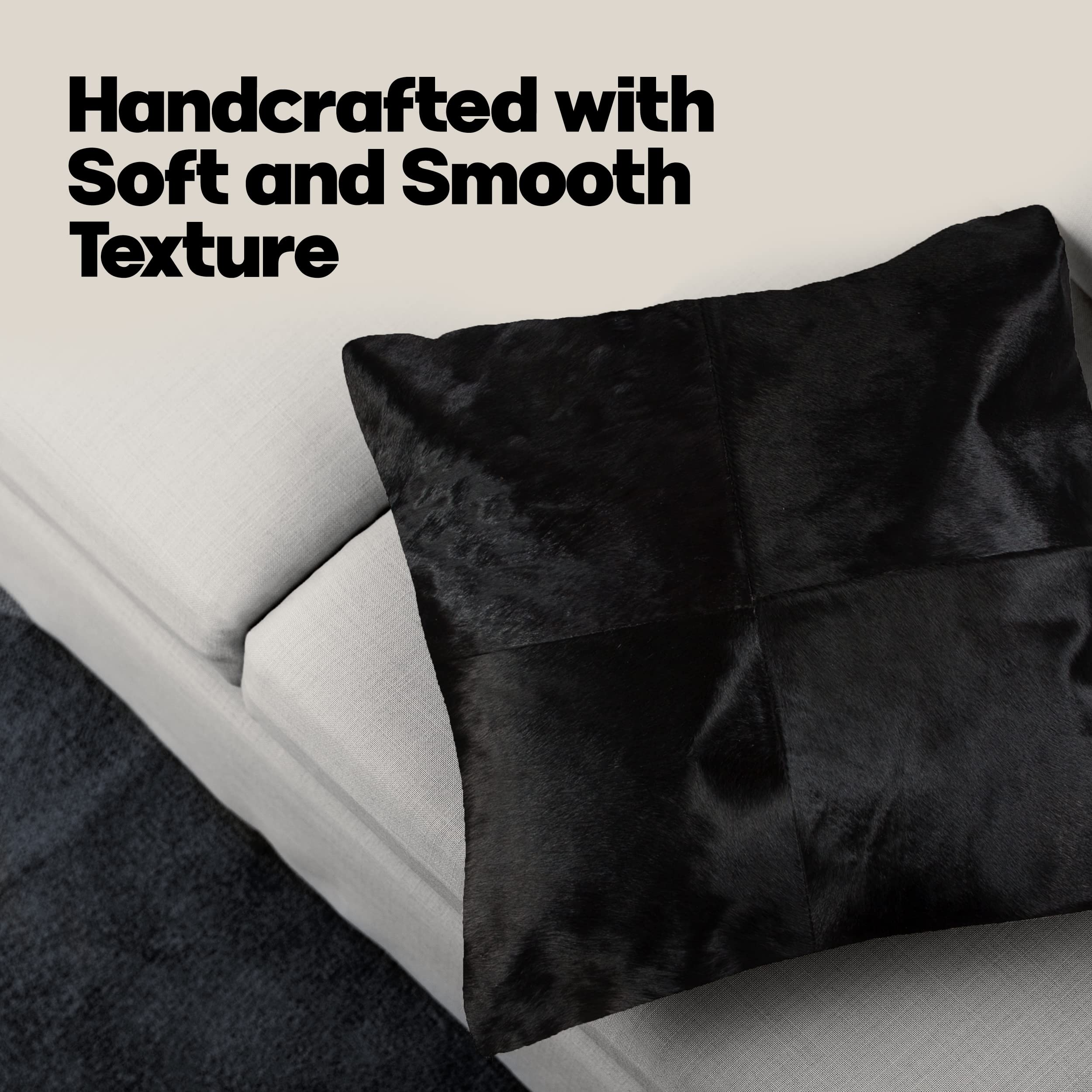 Premium 18x18 Inch Natural Torino Cowhide Throw Pillows with Polyester Insert - Handcrafted 100% Genuine Leather Decorative Cushions for Sofa, Bed & Living Room - Black Luxury Home Decor Accent Pillows