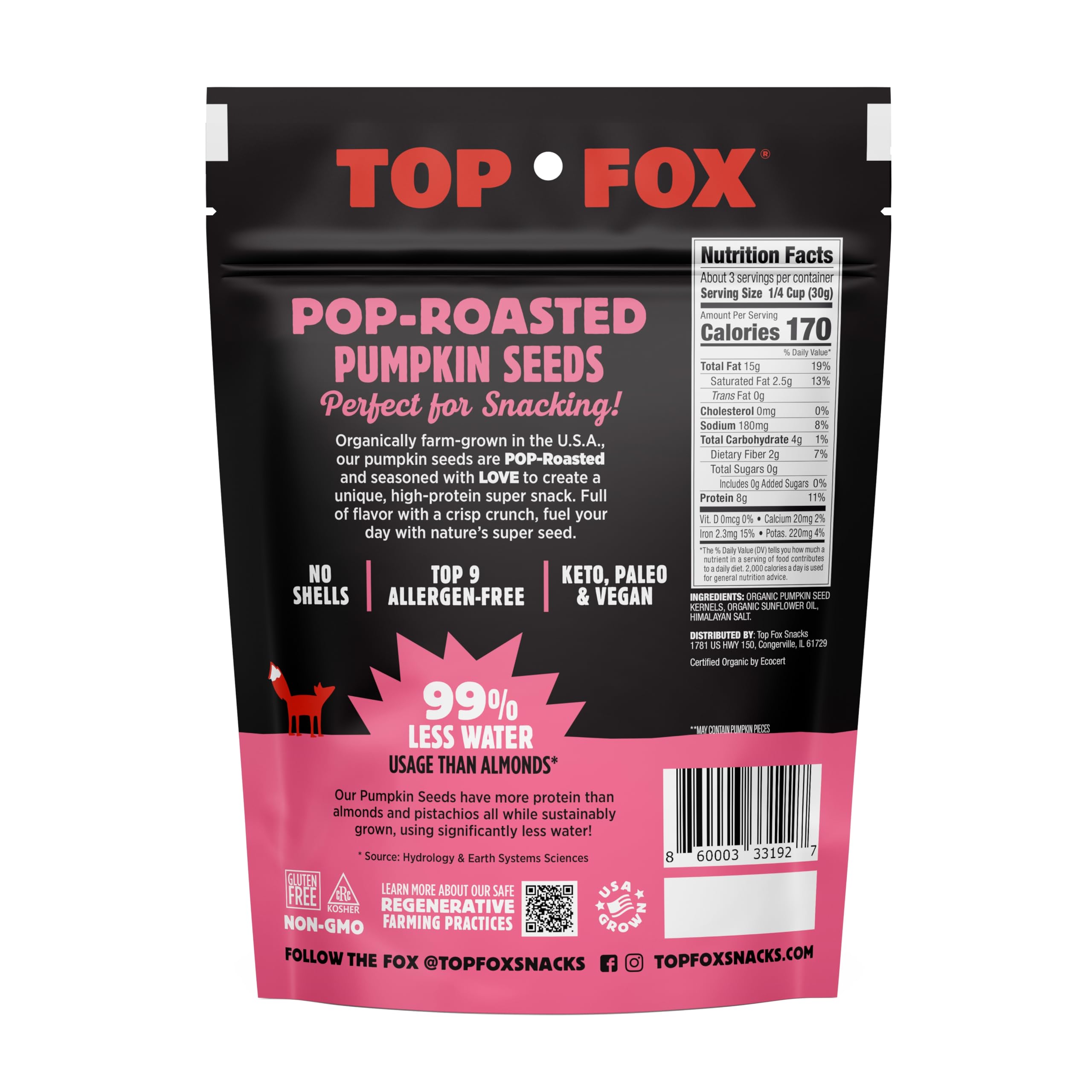 Organic Pop-Roasted Pumpkin Seeds by Top Fox Snacks | Healthy Protein Snacks, Gluten Free, Keto & Vegan Friendly with Himalayan Salt | 3.5oz (6 Pack) | Perfect for On-the-Go, Hiking & Office Snacking
