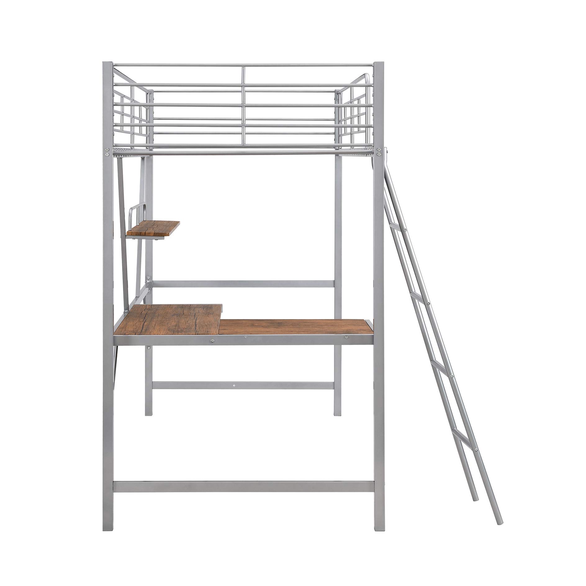 Harper & Bright Designs Twin Metal Loft Bed with Study Desk & Storage Shelves - Sturdy Space-Saving Bunk Bed Frame with Safety Guardrails & Ladder for Kids, Teens & Adults (Silver) - Perfect for Small Bedrooms, Dorms & Studio Apartments