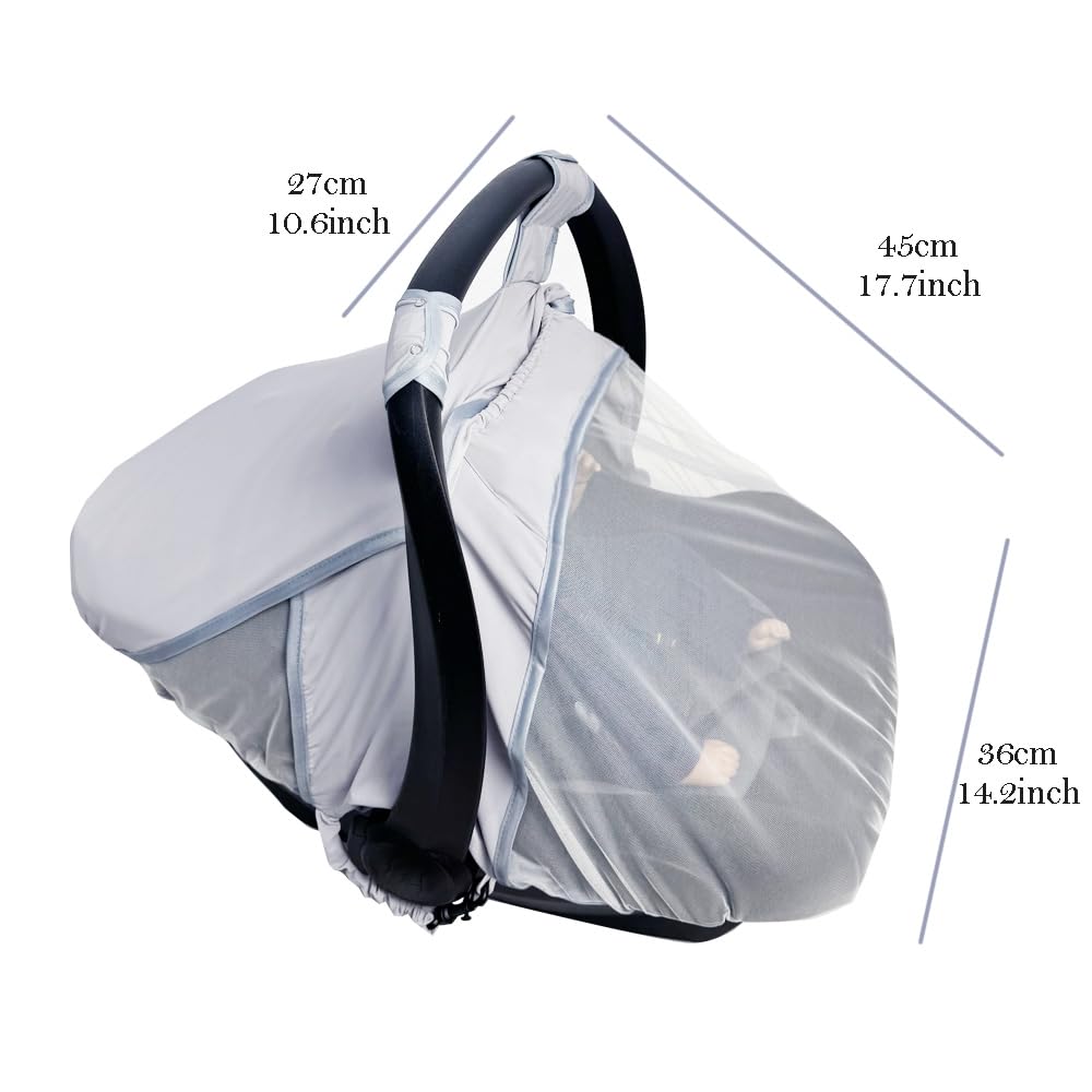 RHYDEER 2-in-1 Baby Car Seat Cover with Mosquito Net & Sun Shade - Breathable Grey Infant Car Seat Protector for UV Protection & Bug Prevention - Perfect for Strollers, Travel, and Outdoor Adventures