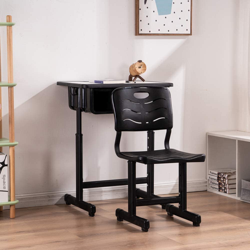 Adjustable Height Student Desk and Chair Set with Drawer, Pencil Grooves & Hooks - Ergonomic Study Workstation for Kids, Teens - Perfect for Home, School & Online Learning (Black & White)