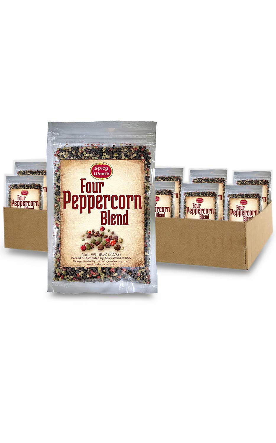 Premium Four Peppercorn Rainbow Blend - 8 oz Resealable Bag | Whole Black, Green, White & Pink Peppercorns | NON-GMO, Steam Sterilized | by Spicy World (Pack of 12) - Perfect for Gourmet Cooking, Steak Seasoning & Spice Rubs