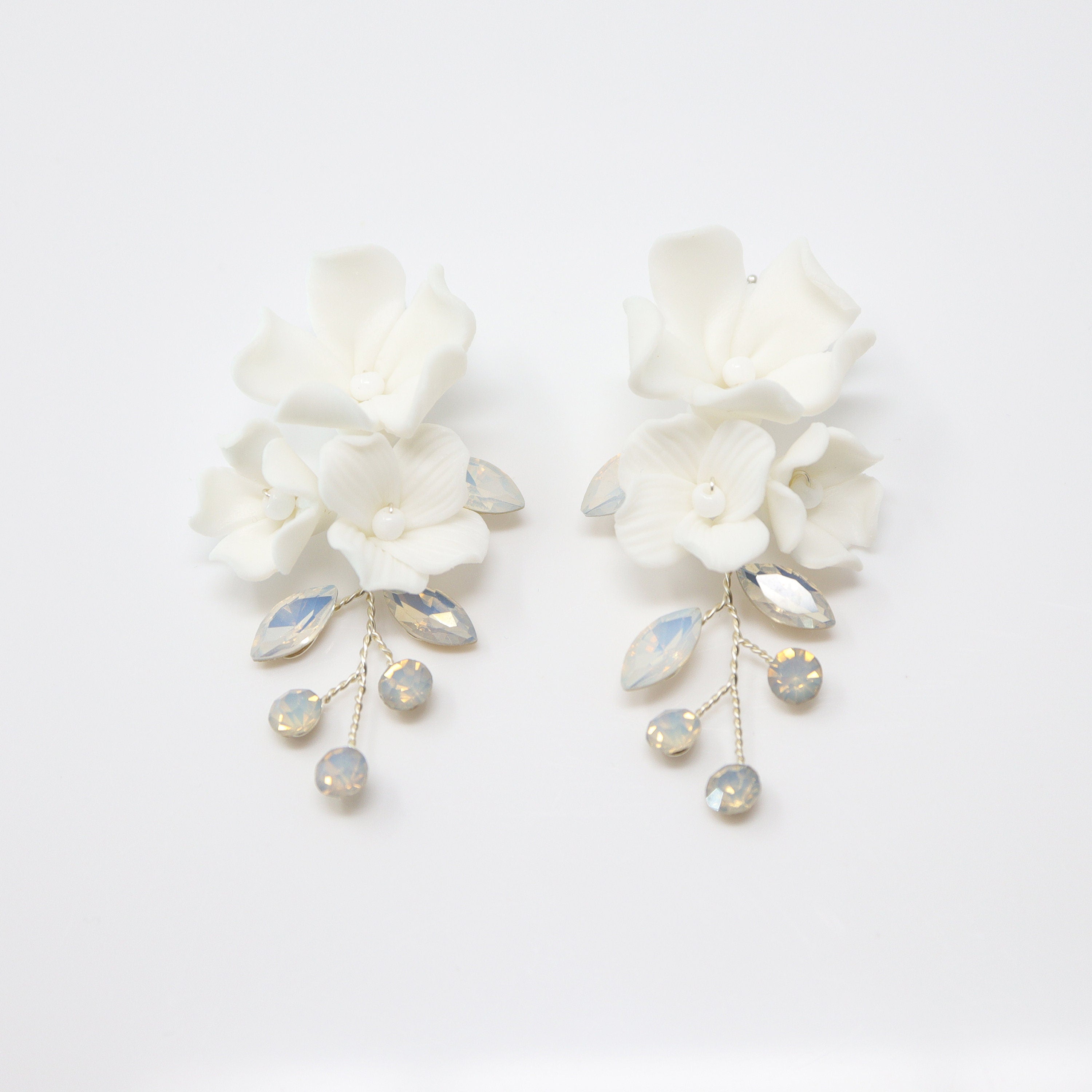 CZ Opal Ceramic White Flower Sparkling Crystal Bridal Earrings - Long Dangle Statement Jewelry for Wedding, Prom & Special Occasions