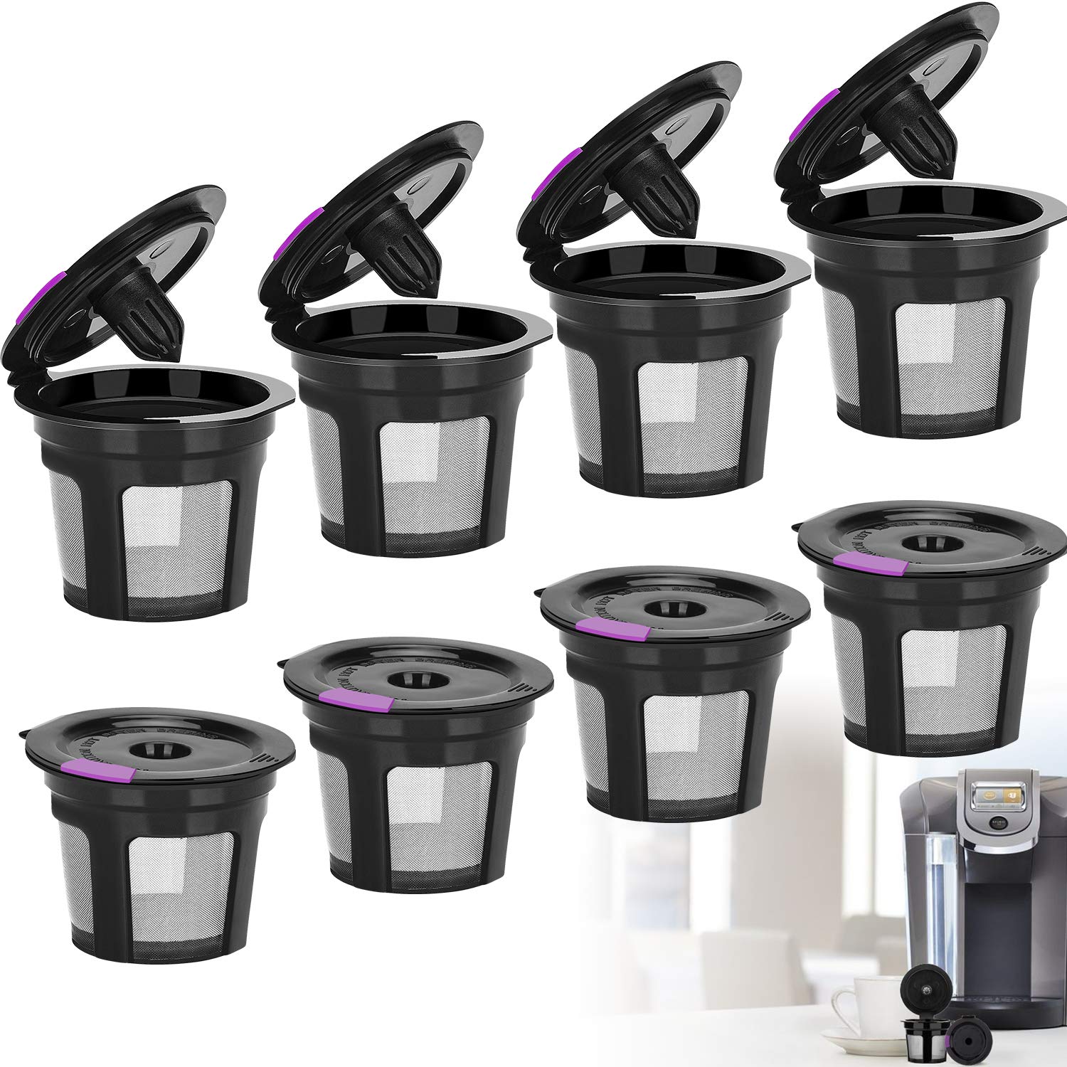 Reusable K Cups 8 Pack for Keurig 2.0 & 1.0 Coffee Makers - Universal Refillable Stainless Steel Mesh Filter Compatible with Keurig K55 K200 K300 K400 K500 - Perfect for Home, Office & Eco-Friendly Coffee Brewing