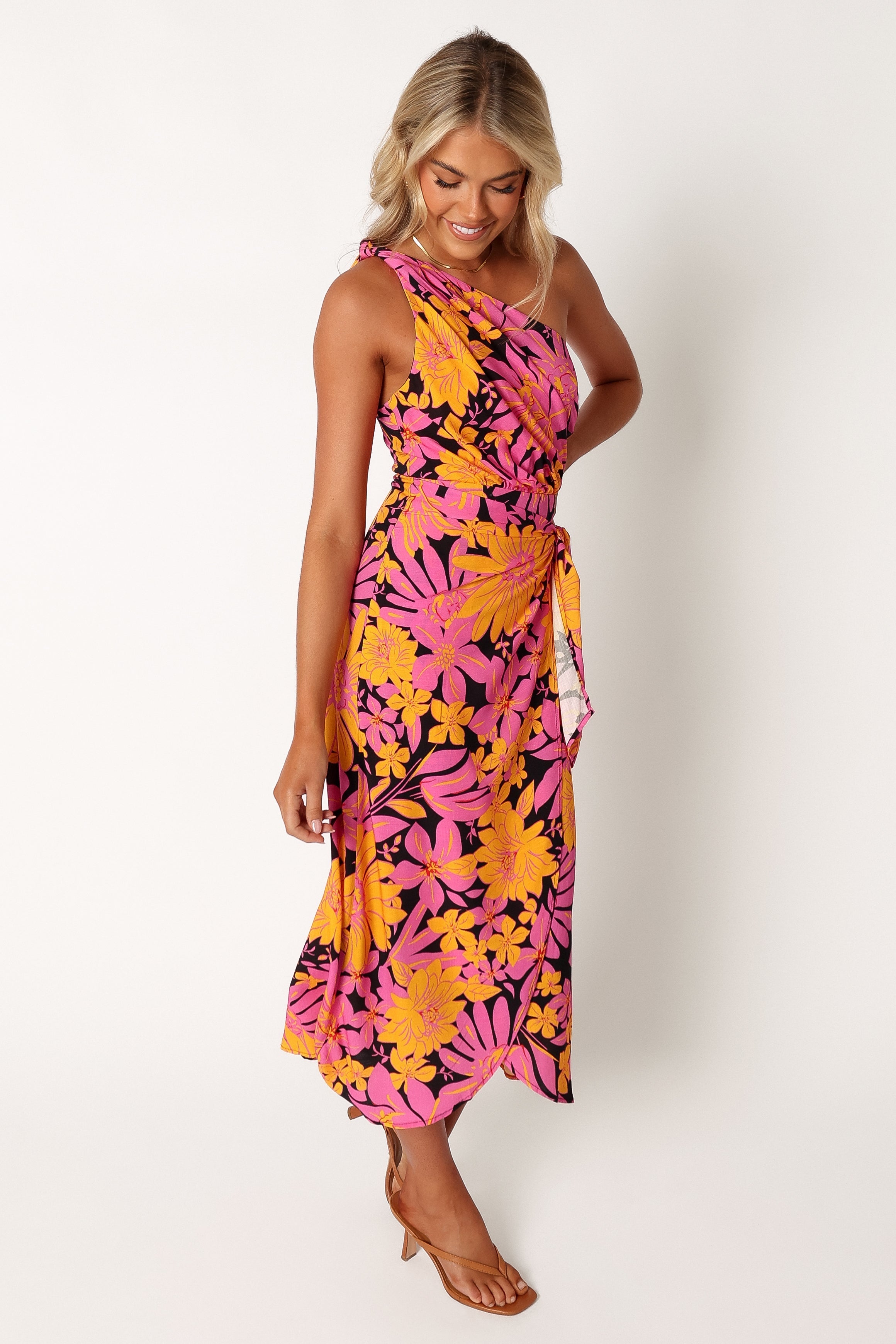 Clara One Shoulder Midi Dress - Black Floral Print Women's Party Dress for Evening Events, Cocktail Parties & Date Nights