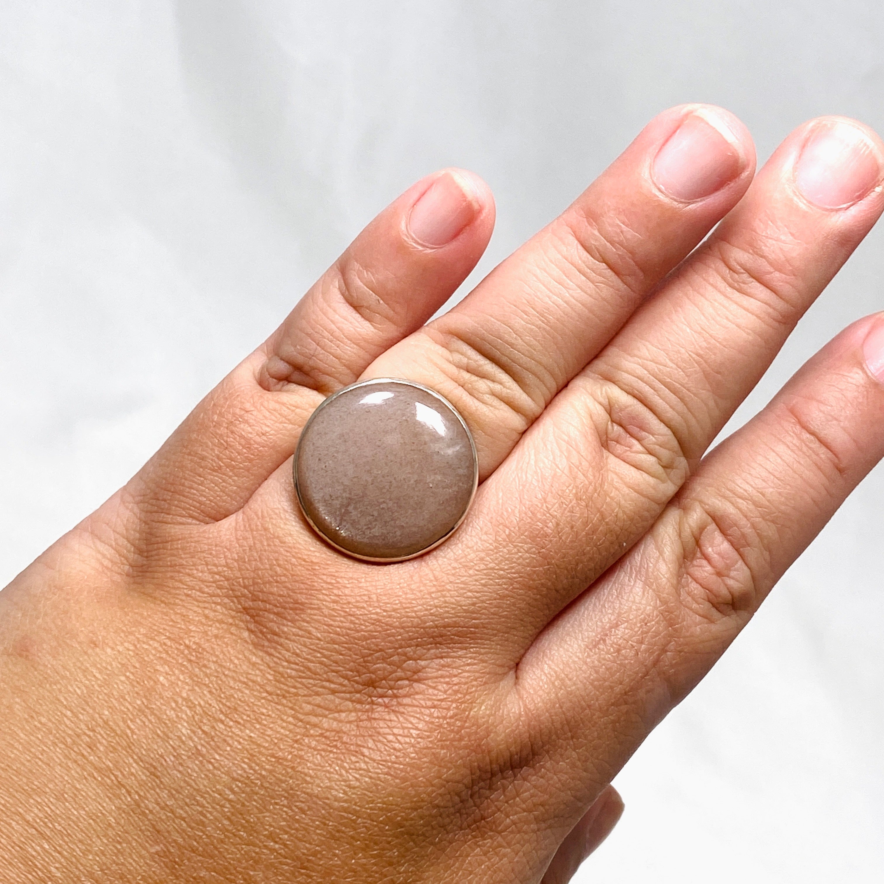Natural Peach Moonstone Round Ring - Size 10 Silver Jewelry KRGJ2173 | Elegant Boho Gift for Women, Perfect for Weddings & Everyday Wear