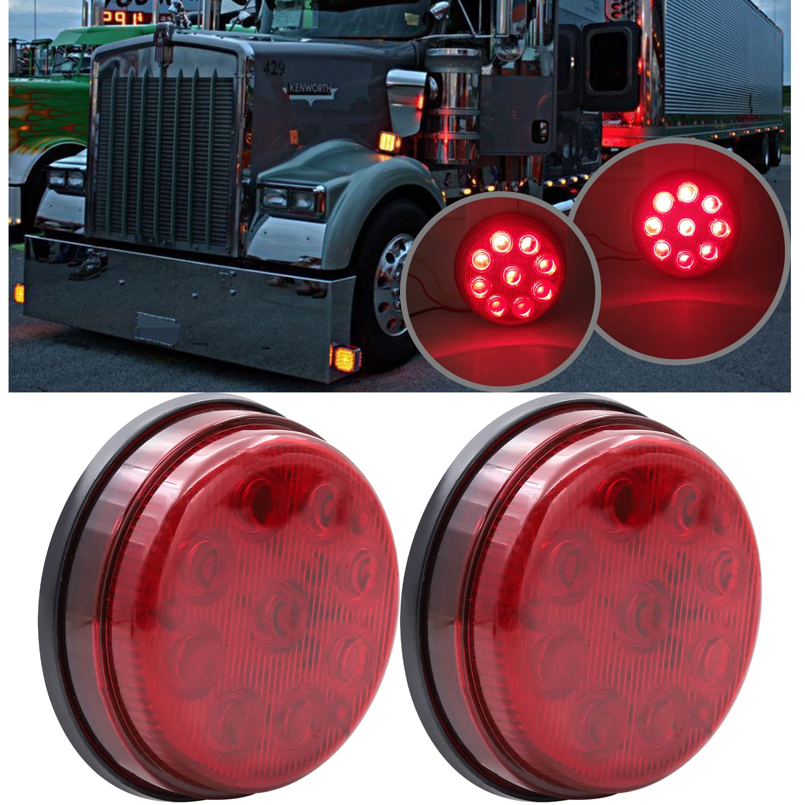 Biqing 2PCS 3 Inch Round LED Marker Lights Red, 24V Side Lights 9-LED Front Rear Clearance Indicators for Car Truck Van Trailers Lorry Bus – Ideal for Night Driving & Vehicle Safety