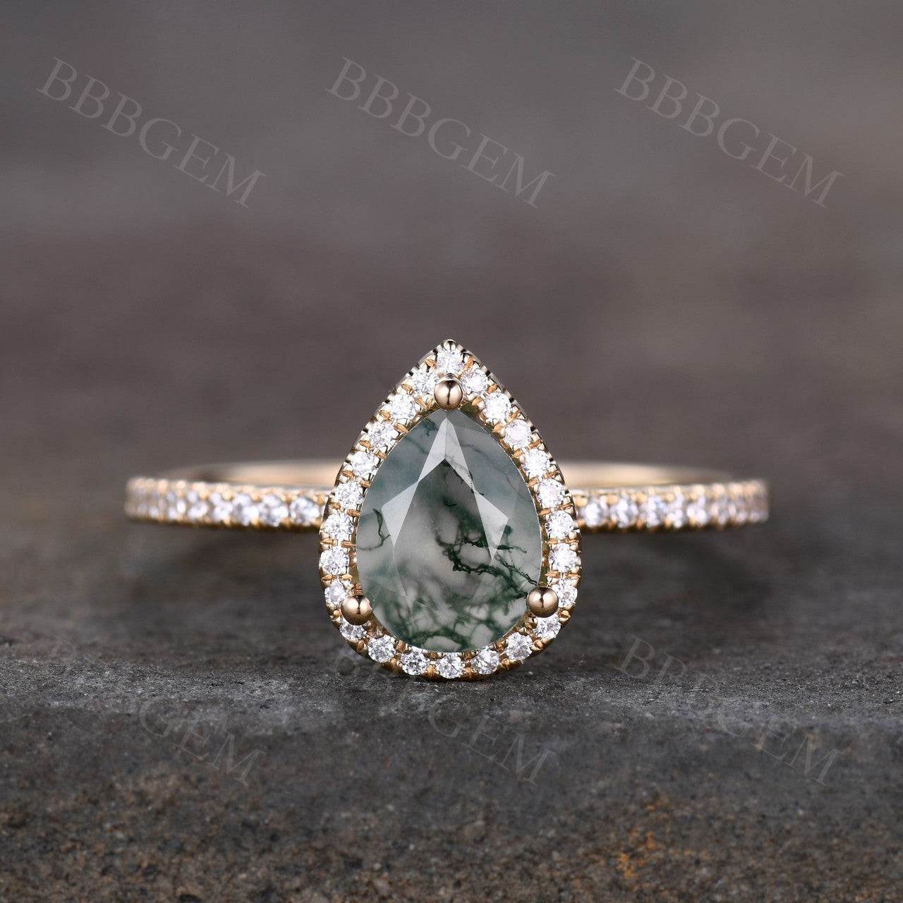 Pear Moss Agate White Gold Diamond Engagement Ring - Vintage Halo Style for Wedding Proposal & Anniversary Gift