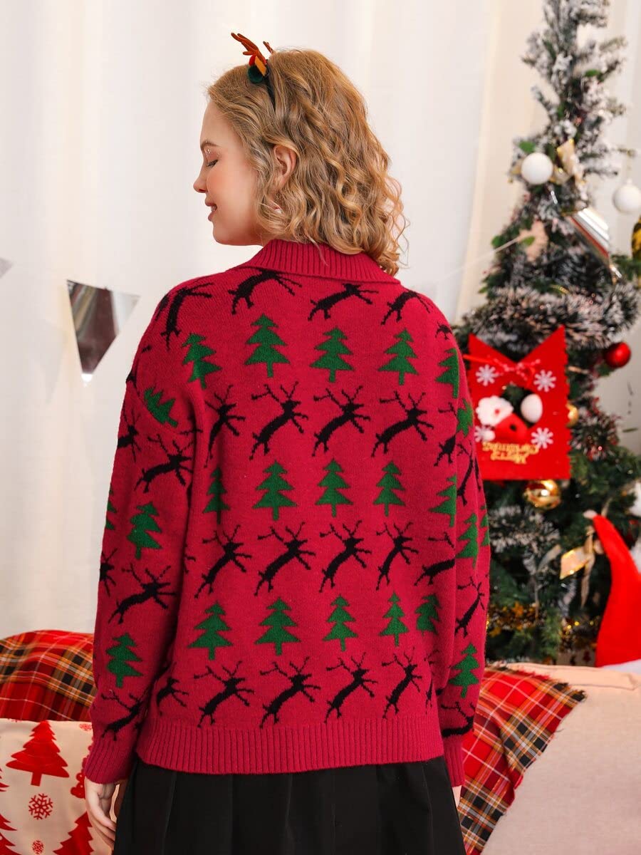 JSBHS Women's Christmas Pattern Button Half Placket Crewneck Knitted Sweater - Cute Heart Design, Red Color, Size L - Perfect for Holiday Parties & Winter Fashion