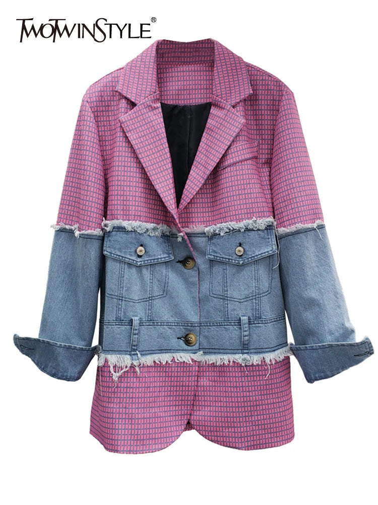 Women's Colorblock Patchwork Denim Jacket - Long Sleeve Lapel Casual Coat for Fall Fashion | Perfect for Autumn Outfits, Date Nights & Casual Street Style