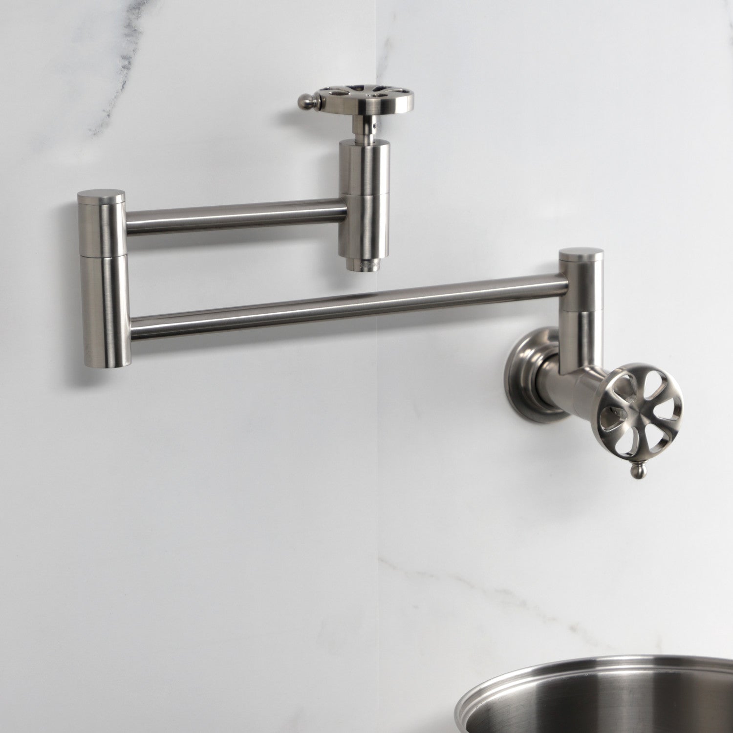 Belknap KS8108RX Brushed Nickel Two Handle Wall Mount Pot Filler Faucet - Perfect for Kitchen Sink, Stove & Cooking Area