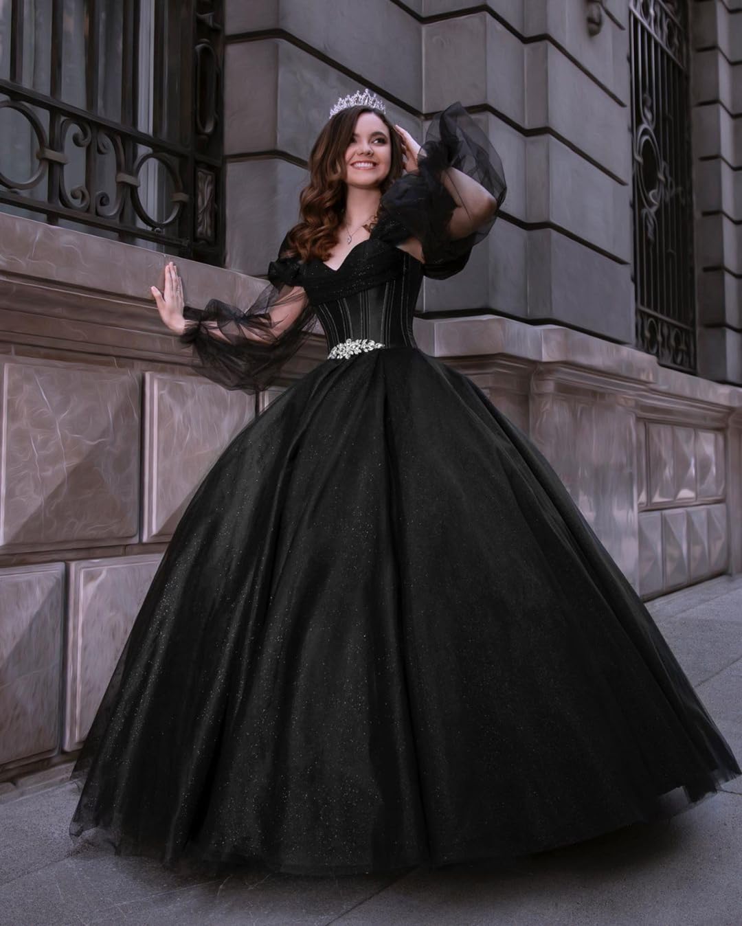 Elegant Black Princess Wedding Dress for Bride - Long Sleeve Ball Gown with Beaded Belt & Puffy Skirt | Perfect for Formal Weddings, Evening Galas & Special Occasions