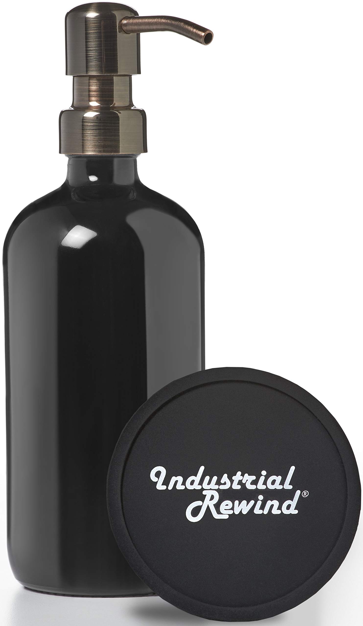 Premium Black Glass Soap Dispenser with Gun Metal Pump - 16oz Non-Slip Countertop Bottle for Bathroom & Kitchen | Includes Protective Base by Industrial Rewind (Black/Gun Metal) - Ideal for Home, Office, and Restaurant Use