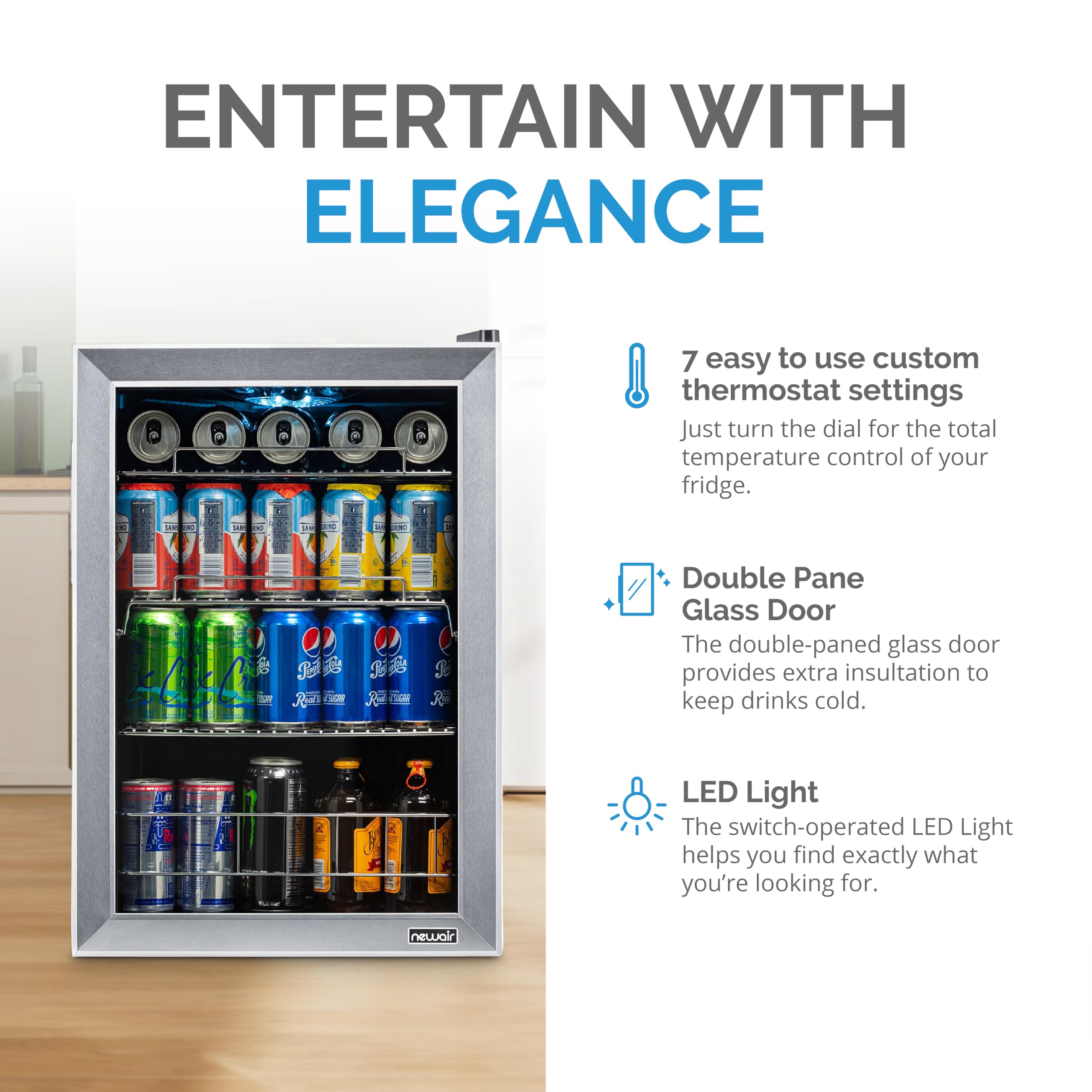 NewAir 90 Can Stainless Steel Beverage Refrigerator - Adjustable Shelves, Glass Door Mini Fridge for Beer, Soda & Drinks - Perfect for Bedroom, Home Office, Bar & Entertainment Spaces