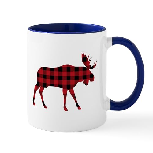 White/Navy Inside - Plaid Moose Animal Silhouette Mugs