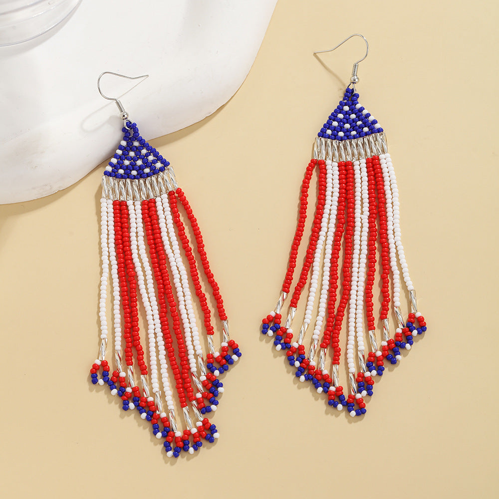 Stars and Bars Red Beaded Earrings - Handmade Bohemian Dangle Earrings for Women | Perfect for Parties, Weddings & Casual Wear