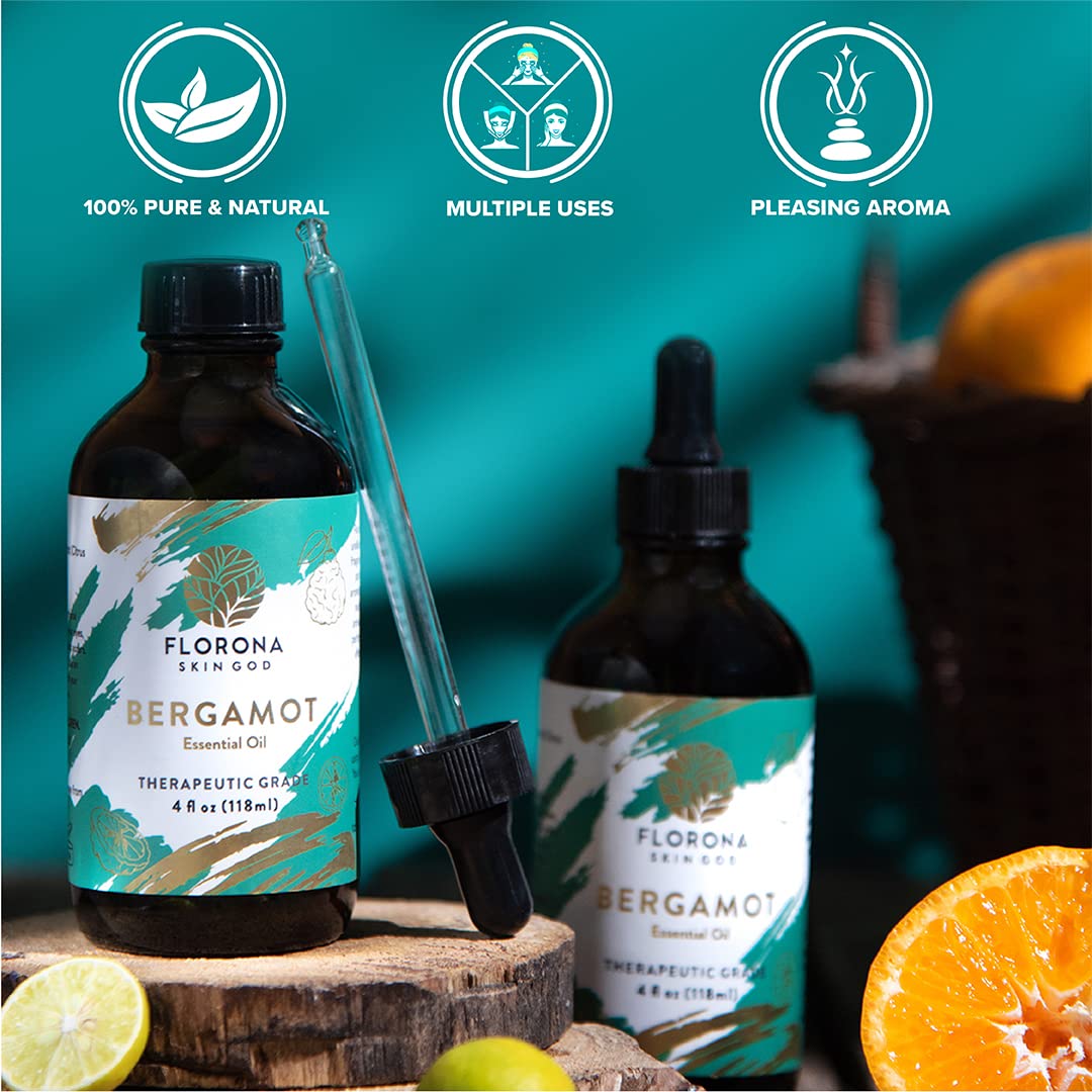 Florona 100% Pure & Natural Bergamot Essential Oil - 4 fl oz for Hair Care, Skin Massage & Aromatherapy | Stress Relief, Mood Booster & Diffuser Oil for Home Spa & Relaxation