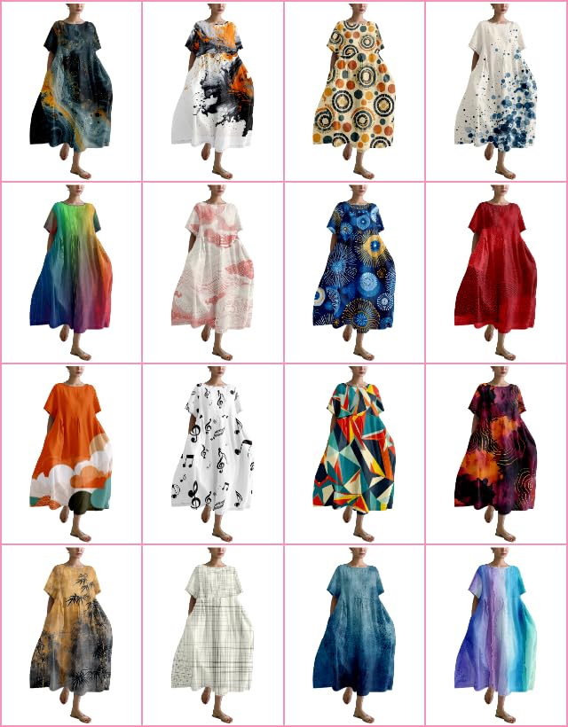 Japanese Art Style Print Dress for Women - Plus Size Short Sleeve Crewneck A-Line Casual Dress - Perfect for Summer Outings, Beach Vacations & Boho Fashion
