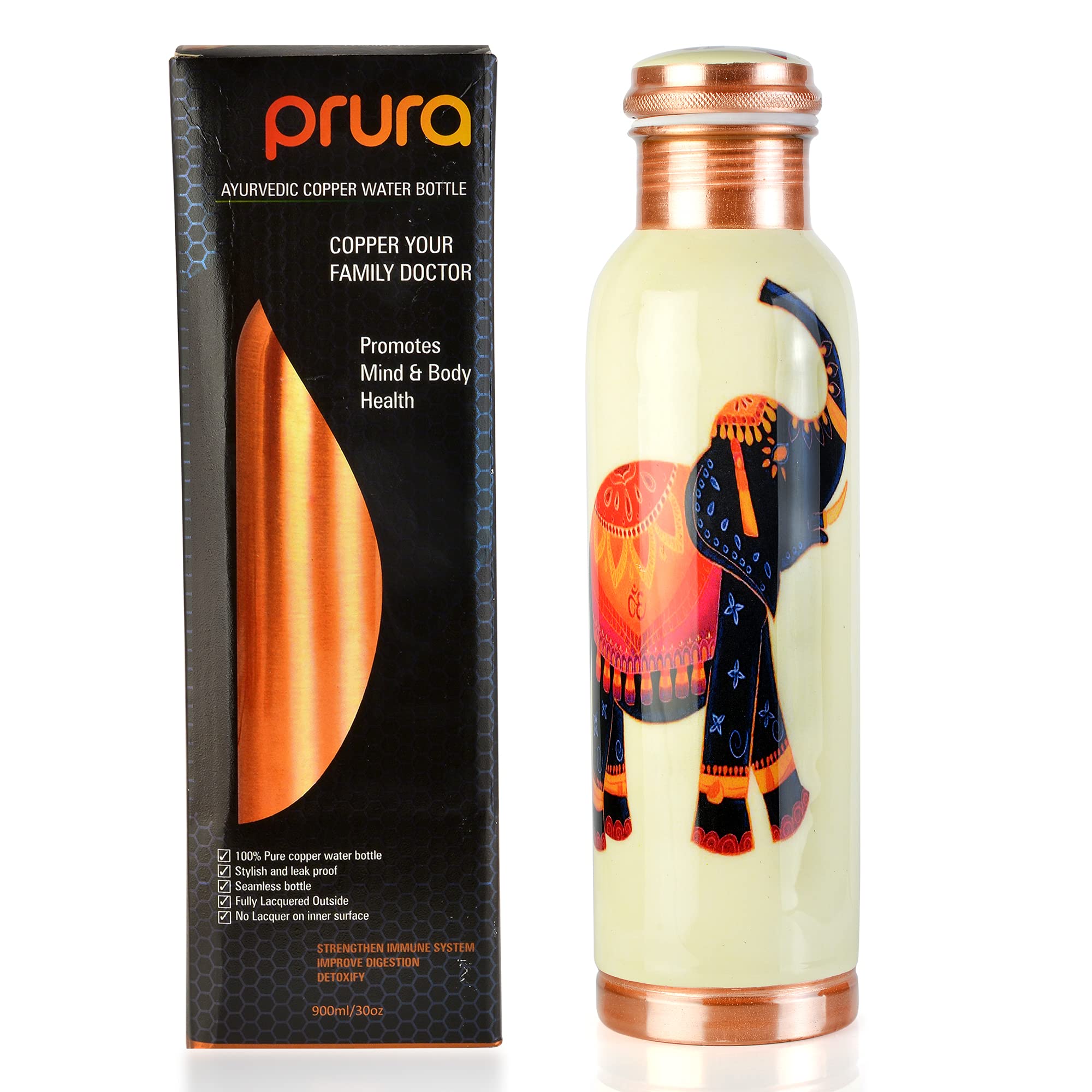 PRURA Pure Printed Copper Water Bottle - 30 oz Leak Proof Ayurvedic Copper Vessel for Hydration, Sports, Gym & Outdoor Activities | Yoga & Wellness Benefits | Eco-Friendly Reusable Drinkware for Work, Travel & Daily Use