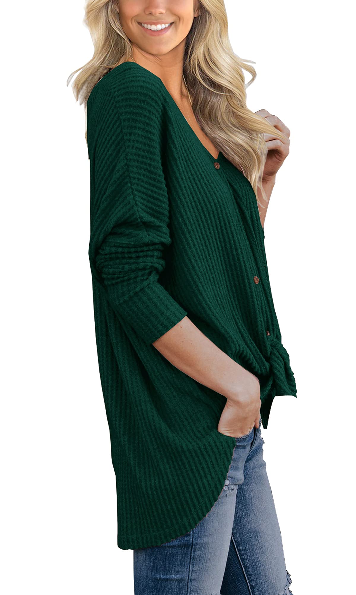 IWOLLENCE Women's Waffle Knit Tunic Blouse - Loose Fit Batwing Sleeve Henley Top with Tie Knot Detail | Casual Office Wear, Weekend Outfits & Layering Essentials