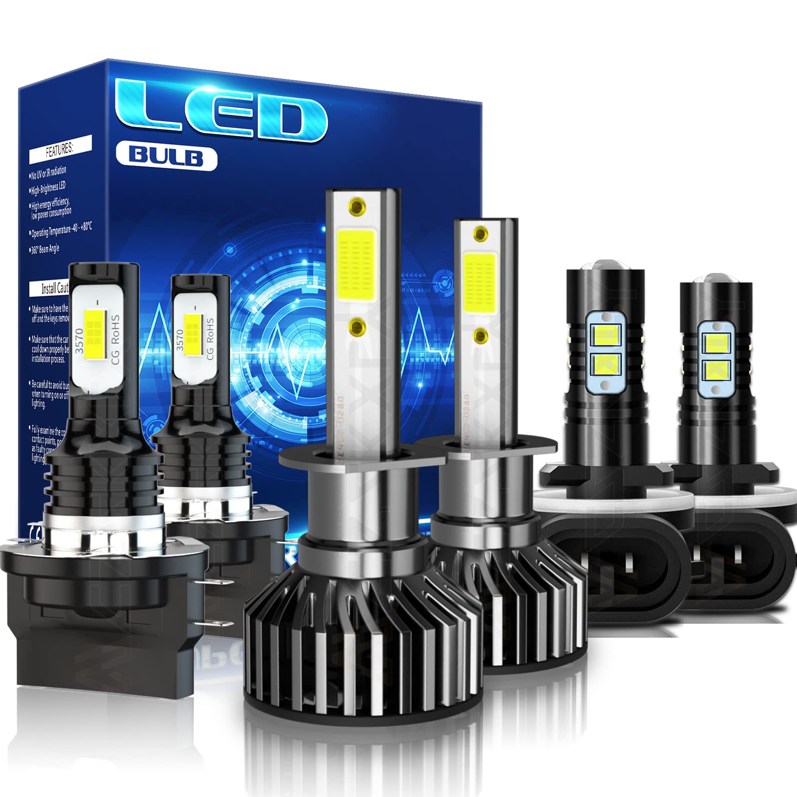 H11B H1 LED Headlight Bulbs for 2010-2012 Hyundai Genesis Coupe - 6000K Cool White High/Low Beam & Fog Lights - Durable Bright Replacement Bulbs for Night Driving & Enhanced Visibility