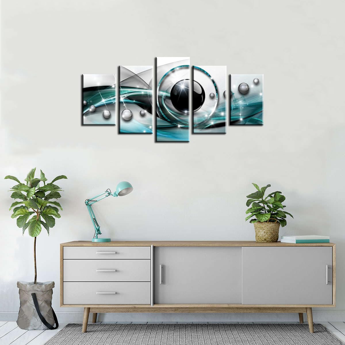Abstract Canvas Wall Art - Blue & Black Framed Painting for Living Room Decor, 5-Piece Set (Teal) - Perfect for Modern Home & Office Decor