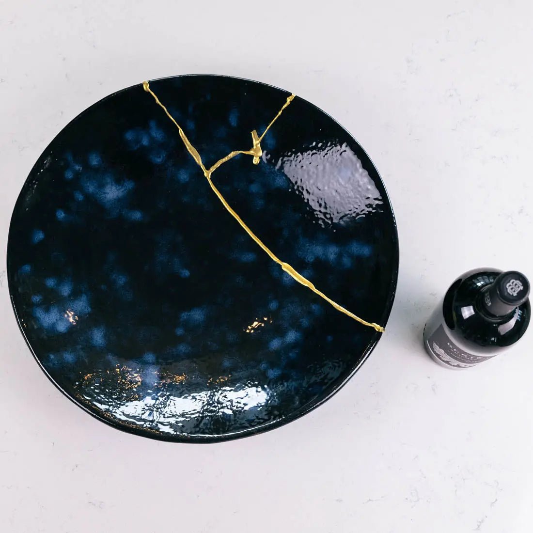 XXL Kintsugi Gray Stoneware Bowl and Platter Set - Handcrafted Ceramic Dish with Blues, Blacks & Gold Accents | Perfect for Japanese Tea Ceremony, Home Decor, and Unique Gift Ideas